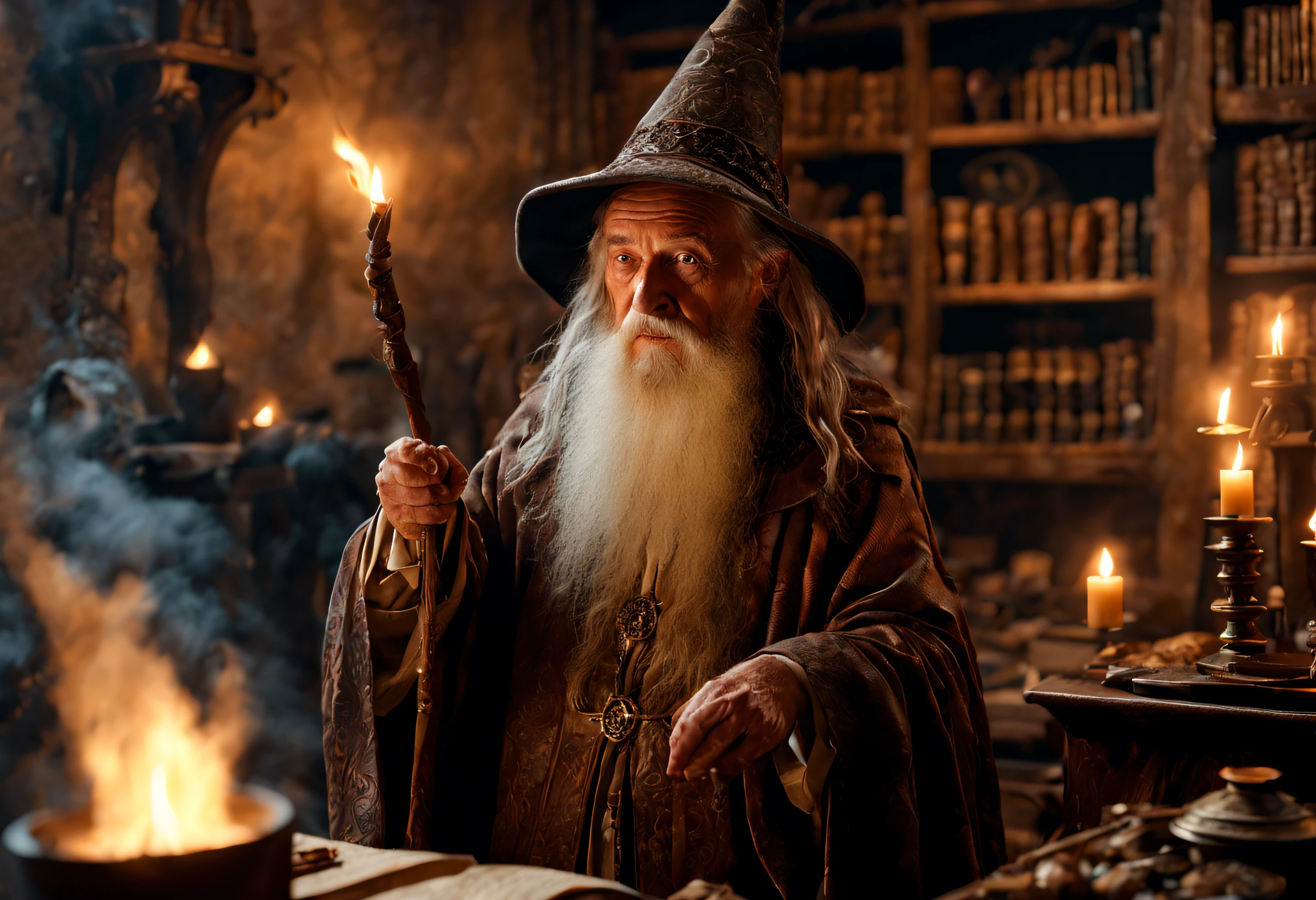 best quality, 4k, 8k, high resolution, masterpiece: 1.2), ultra detailed, (realistic, photorealistic, photorealistic: 1.37). A wise old wizard in an old room, casting magic spells. Tolkien-style magical atmosphere.