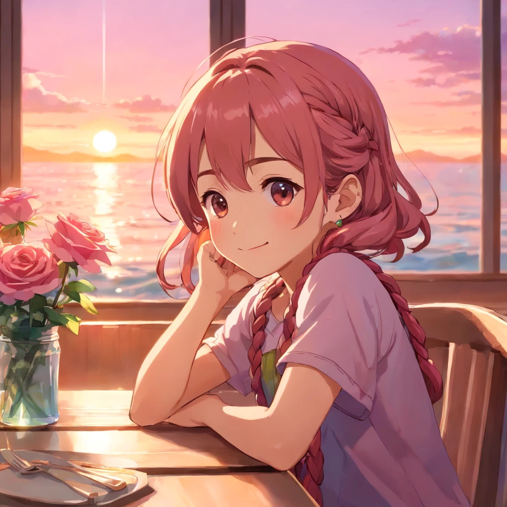 5 year old girl sitting at the dining table，largeeyes，ssmile，Juice on the table，for breakfast，Sunny sea view from the window，Warm and healing，Cute expressions，Roses by the window，Colored rope braided hair，shining brightly，Half-blood kawaii，Bohemian dream earrings，Pink atmosphere