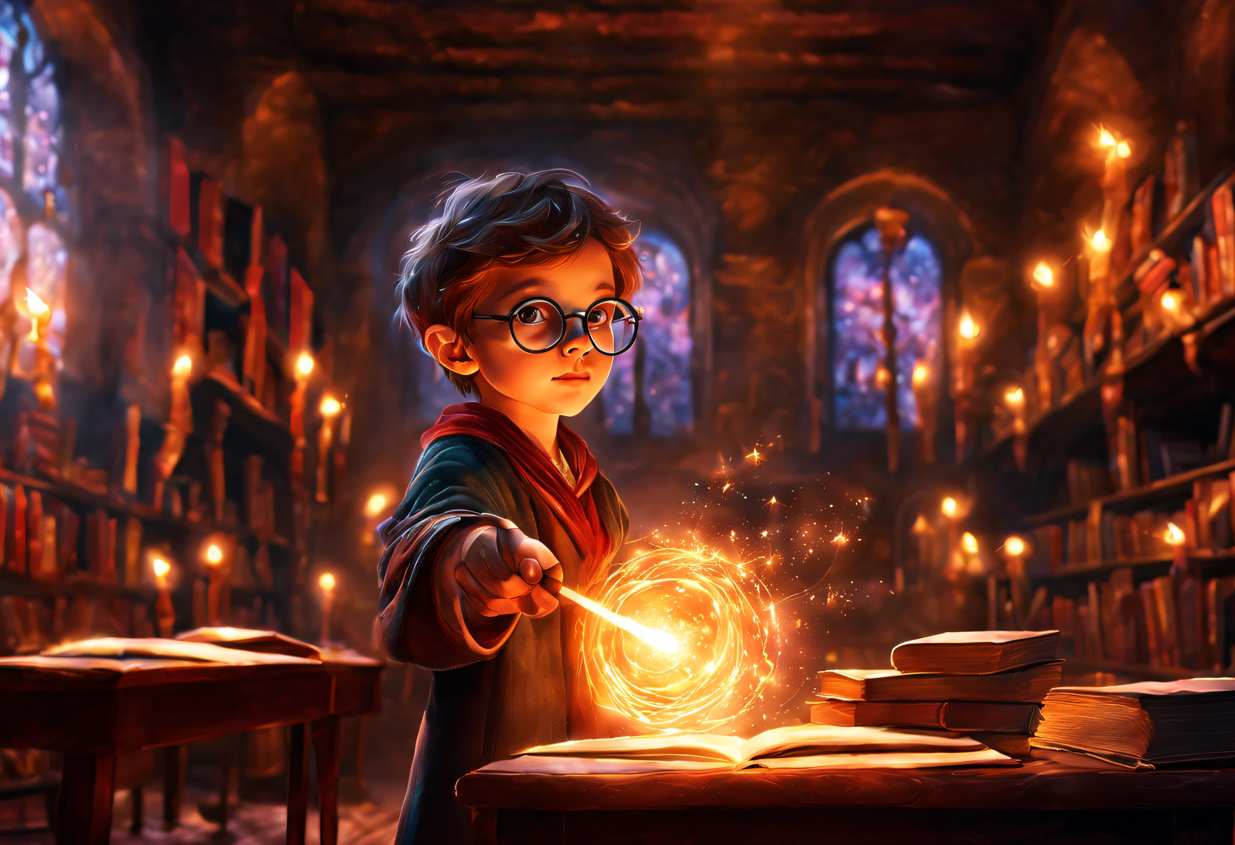 A boy with round glasses standing in a classroom, holding a wand, casting intricate and powerful spells. Bright flashes of light illuminate the surroundings. The boy's eyes are filled with determination and focus as he waves his wand with precision. The air is thick with magical energy, crackling and swirling around him. The classroom is filled with ancient books, potion bottles, and other magical artifacts. The walls are adorned with intricate tapestries depicting the history of magic. The atmosphere is mysterious and enchanting. The spells the boy casts are vivid and dynamic, creating stunning visual effects that captivate the viewer. The colors are rich and vibrant, with a touch of otherworldly glow. The lighting is dramatic, casting long shadows and highlighting the boy's face in a magical glow. The scene exudes a sense of awe and wonder. The boy's intense concentration and the raw power of the spells make it clear that he is a gifted wizard, destined for great things. The image quality is top-notch, with ultra-detailed textures and sharp focus. The artwork has a realistic yet fantastical feel, combining elements of digital illustrations and traditional paintings. The colors are carefully chosen to create a harmonious and magical atmosphere, with a hint of warmth and mystery. The scene is bathed in soft, natural light, casting a soft glow on the surroundings. The overall composition and perspective draw the viewer into the magical world, evoking a sense of wonder and excitement.