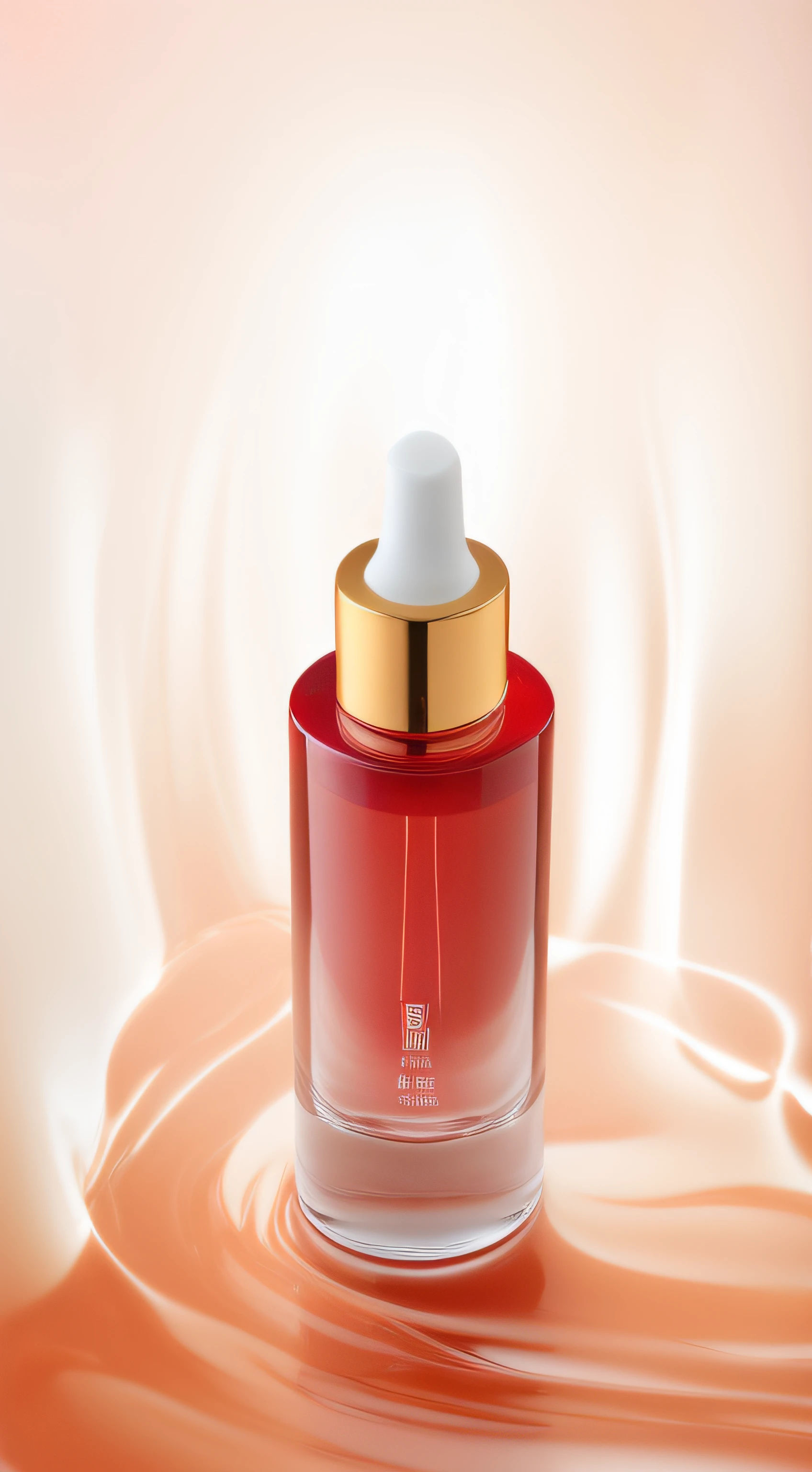There is a bottle of red liquid with a gold cap, red glowing skin, crimson red aura, Inject the Northern Lights, vintage glow, crisp smooth lines, close-up product photo, glowing oil, exquisitedetails, Red liquid, red aura, red liquid, red realistic 3 d render, Vibrant and dynamic, transparent vibrant glowing skin, Very intense