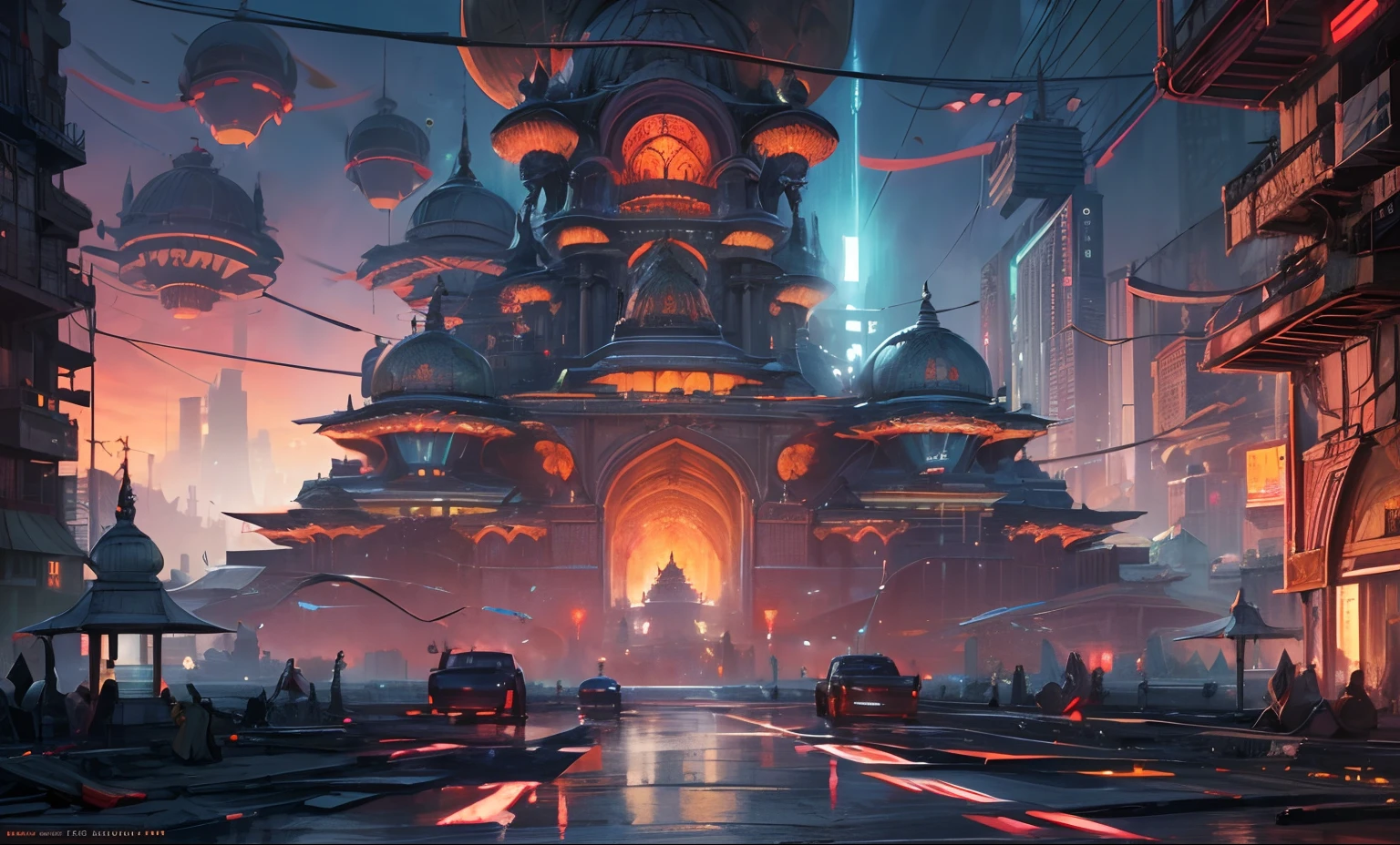 inmagine masterpiece, wide shot, panoramic, concept art, photography, futuristic indian city cyberpunk theme, a futuristic flying vimana flying machines, city with large hindu statues, neon lightsin sanskrit, dwarke inspired, peaople going about their business, volumetric lighting, reflection, global illumination, HD