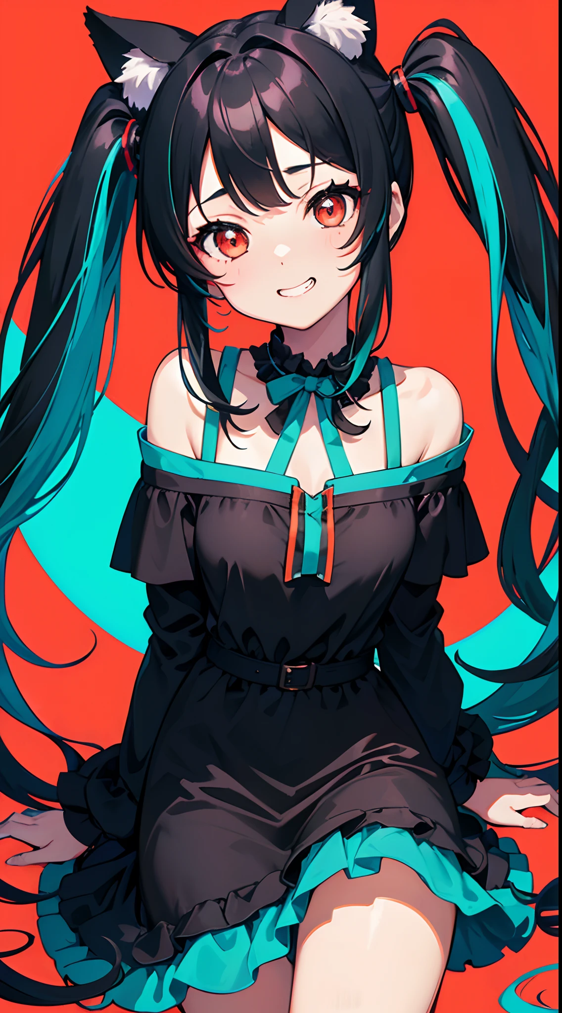 close-up portrait of ((solo 1girl, nekomimi)), ((black twintails with turquoise highlights)), big grin, side glance, masterpiece, red eyes, (simple plain background), (one-side off-shoulder dress), head tilt, vivid colors, extra long sleeves