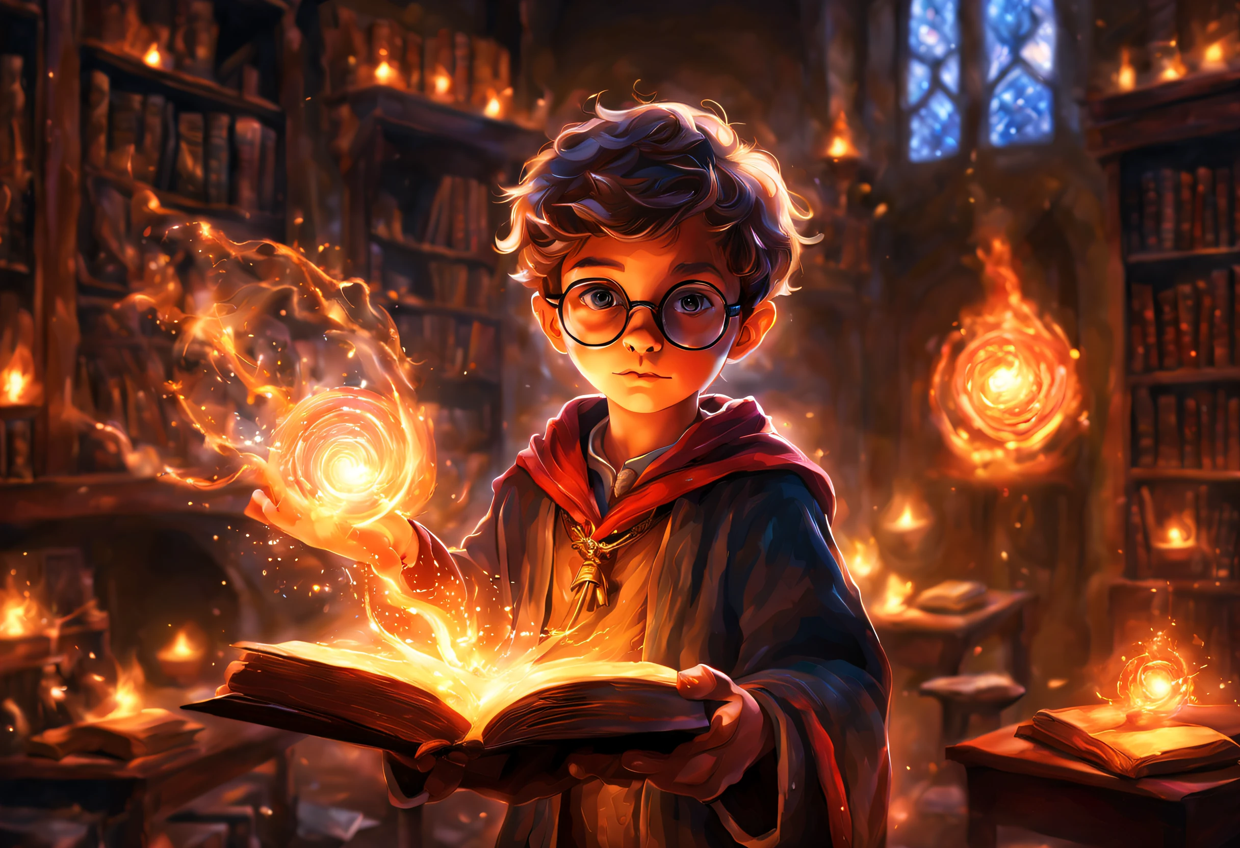 A boy with round glasses standing in a classroom, holding a wand, casting intricate and powerful spells. Bright flashes of light illuminate the surroundings. The boy's eyes are filled with determination and focus as he waves his wand with precision. The air is thick with magical energy, crackling and swirling around him. The classroom is filled with ancient books, potion bottles, and other magical artifacts. The walls are adorned with intricate tapestries depicting the history of magic. The atmosphere is mysterious and enchanting. The spells the boy casts are vivid and dynamic, creating stunning visual effects that captivate the viewer. The colors are rich and vibrant, with a touch of otherworldly glow. The lighting is dramatic, casting long shadows and highlighting the boy's face in a magical glow. The scene exudes a sense of awe and wonder. The boy's intense concentration and the raw power of the spells make it clear that he is a gifted wizard, destined for great things. The image quality is top-notch, with ultra-detailed textures and sharp focus. The artwork has a realistic yet fantastical feel, combining elements of digital illustrations and traditional paintings. The colors are carefully chosen to create a harmonious and magical atmosphere, with a hint of warmth and mystery. The scene is bathed in soft, natural light, casting a soft glow on the surroundings. The overall composition and perspective draw the viewer into the magical world, evoking a sense of wonder and excitement.