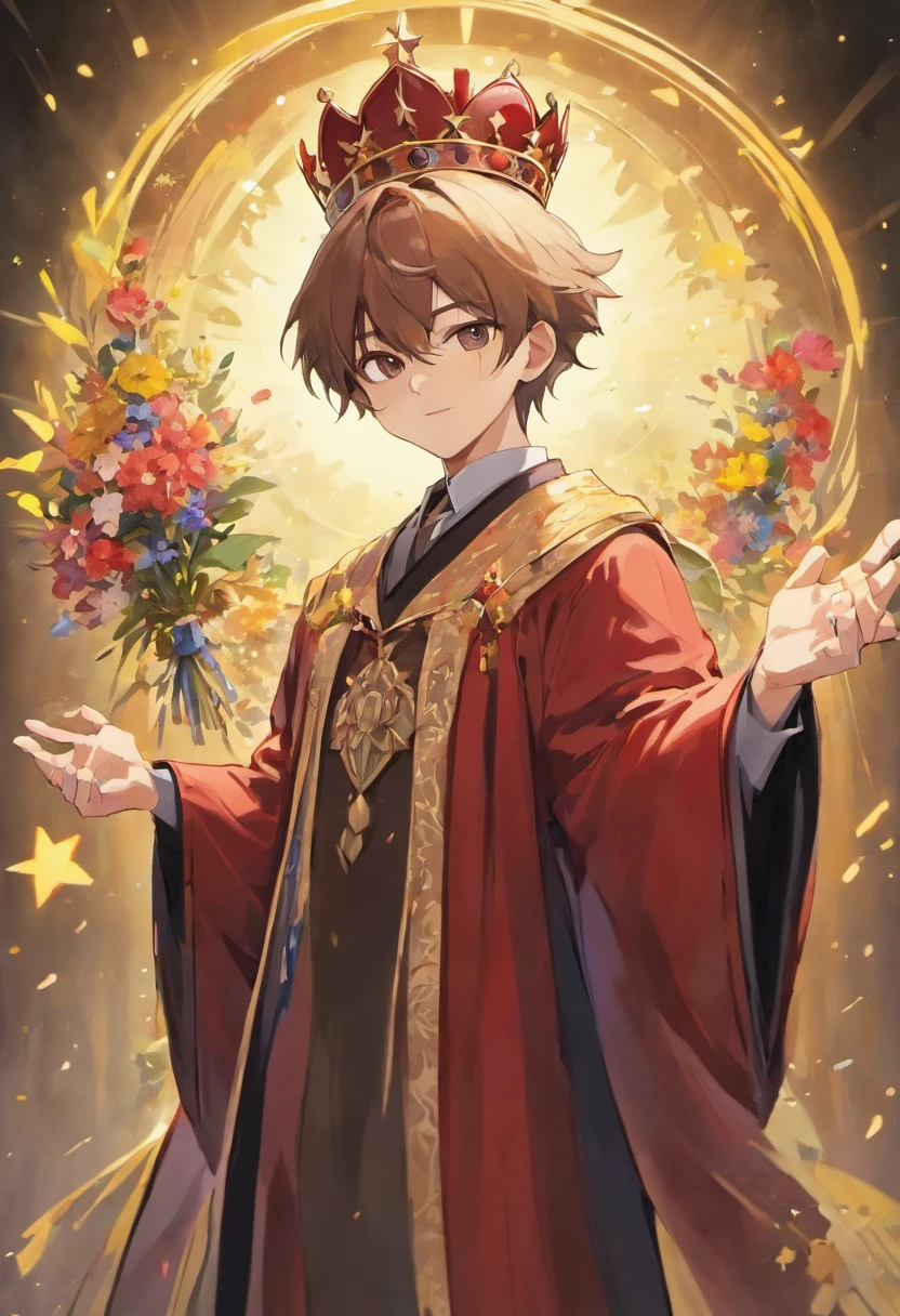 Create clipart of a graduating man, Wearing a gown and a crown of flowers, Holding in his hands a diploma, a symbol of his achievements. Men brown and black eyes、make sure that the clip art background is high resolution and crisp white