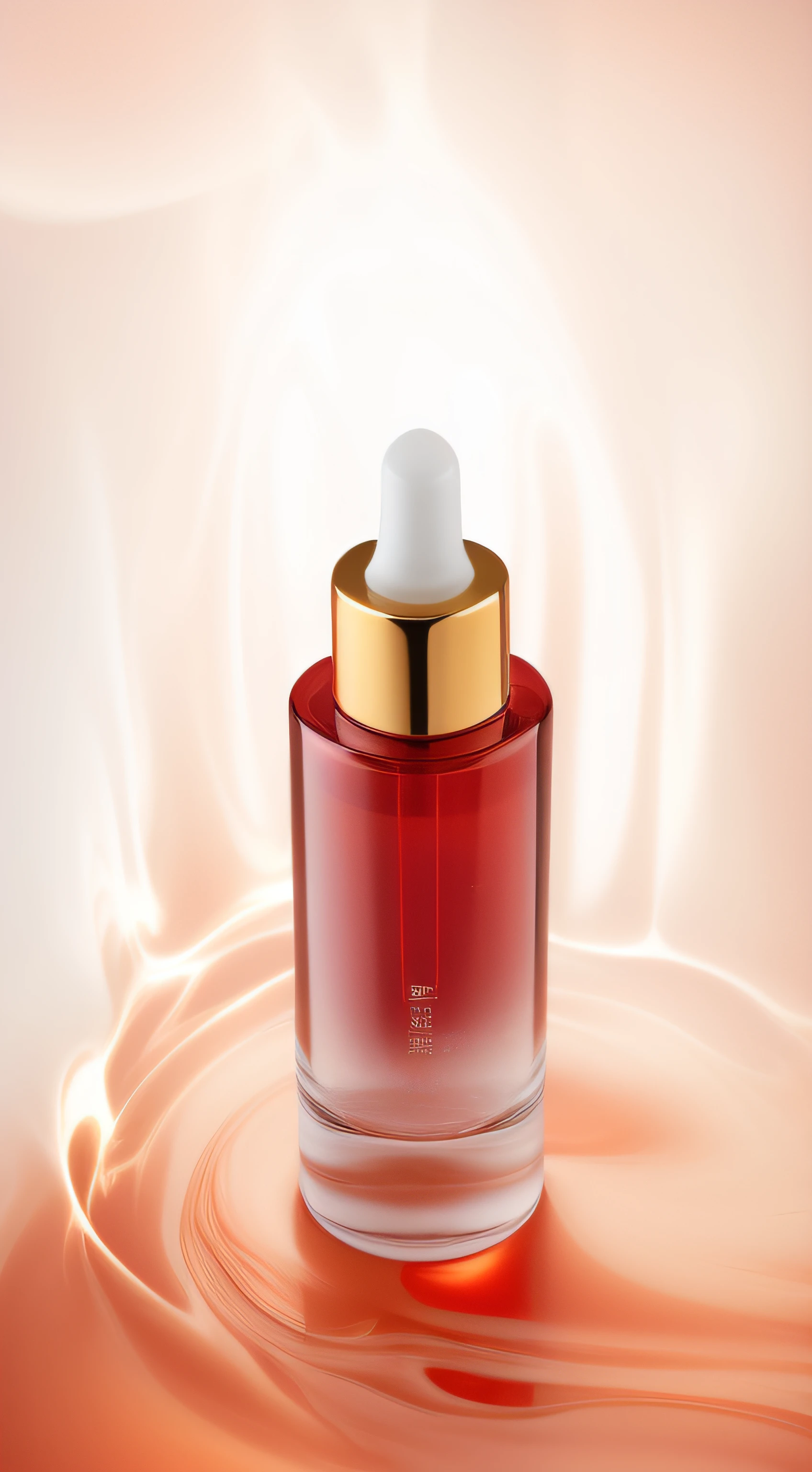 There is a bottle of red liquid with a gold cap, red glowing skin, crimson red aura, Inject the Northern Lights, vintage glow, crisp smooth lines, close-up product photo, glowing oil, exquisitedetails, Red liquid, red aura, red liquid, red realistic 3 d render, Vibrant and dynamic, transparent vibrant glowing skin, Very intense
