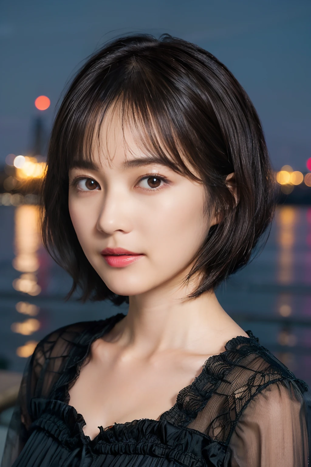41
(Airy wavy short bob cut:1.23), (a 25yo woman), (A hyper-realistic), (masutepiece), (8KUHD), Being in the harbor at night, Medium chest