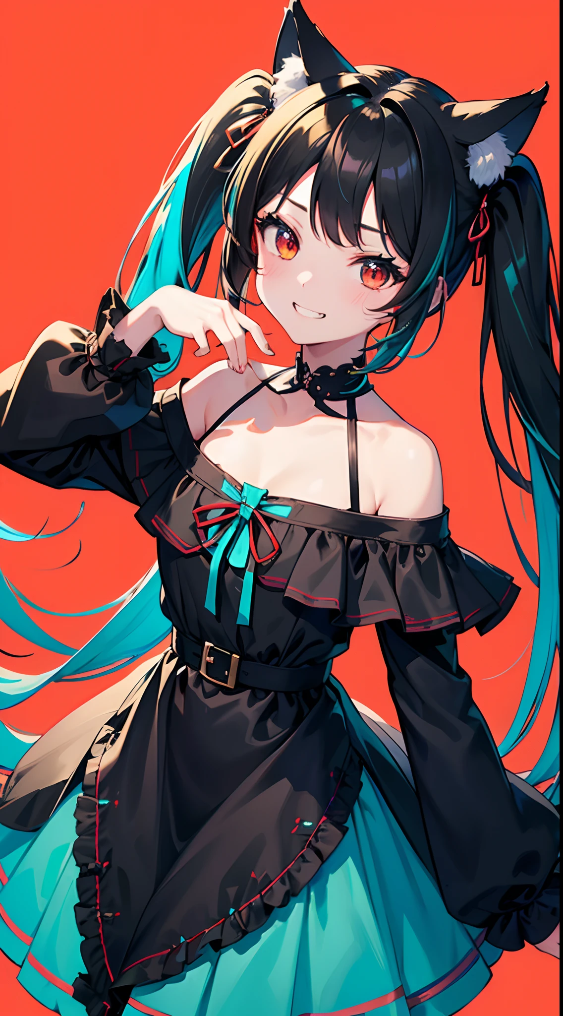 1 Girl, Medium Breasts, Red Hair, (Dark Blue Hair), Cyan Highlights in Hair, Two Tone Hair, Split Hair Color, Multi Color Hair, Twintail Hair Style, Long Hair, Emerald Green Eyes, Pale Skin, Smooth Skin, Soft Features, Nice Lips, Nice Smile, Cute Face, Black Royal Dress, Cat Girl, Neko, Cat Ears, Cat Tail, Black Gloves,