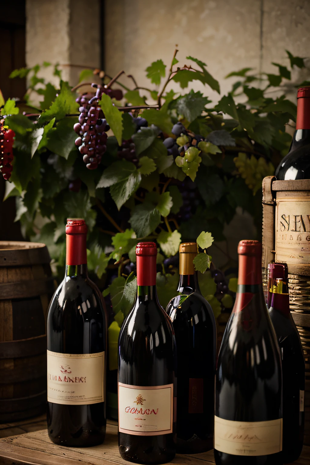 Wine bottles、red colour、grapes、Greenery
