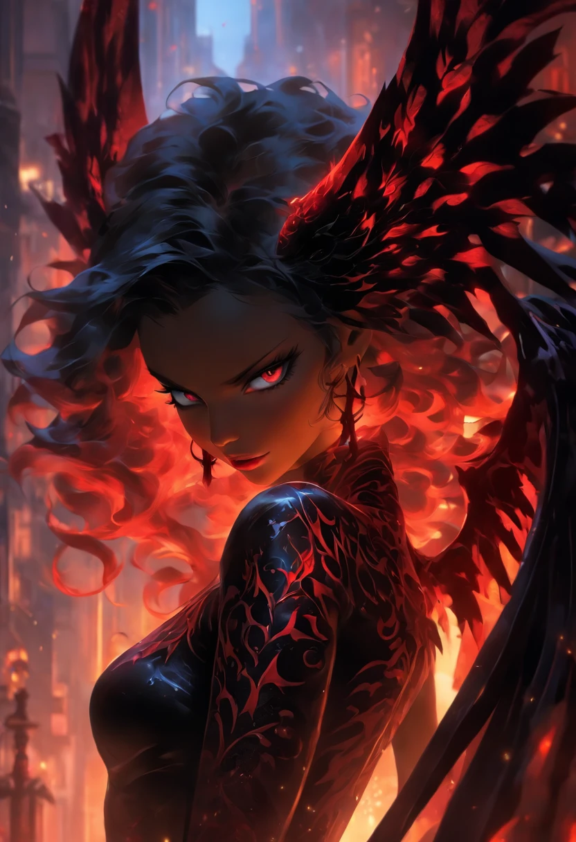 (Best quality,4K,8K,A high resolution,Masterpiece:1.2),Ultra-detailed,(Realistic,Photorealistic,photo-realistic:1.37),Hot succubus mom with long black hair, Rich black lips, Wearing revealing black leather clothing,Decorated with BDSM elements. Her attire included an alluring corset, Highlight her sexy figure. Her skin is a charming fiery red, Exudes demonic charm. Gracefully sprouting a pair of majestic demon wings from her back, exquisite and meticulous,The pattern is intricate. On top of her head, She has the charming Cape Tieflin, Embodies her otherworldly existence. The artwork should capture her seductive aura, Show her confidence and strength. The light in the scene should highlight the seductive curves of her body, casting dramatic shadows and highlights. The color palette should evoke a sense of darkness and desire, Has a rich black contrast tone, Red, and deep maroon.