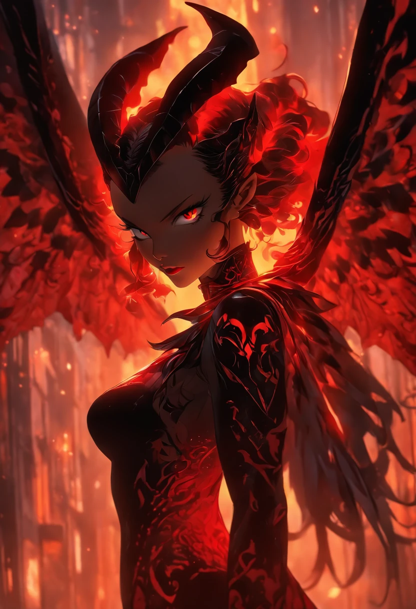 (best quality,4k,8k,Altas,master part:1.2),ultra-detalhado,(Realistic,fotorrealista,photo-realistic:1.37),Thicc succubus mama quente com longos cabelos pretos, intense black lips, vestindo uma roupa de couro preto reveladora adornada com elementos BDSM. Seu traje consiste em um bustier sedutor, acentuando sua figura voluptuosa. Her skin is a captivating shade of fiery red, Exuding a demonic allure. Elegantly sprouting from his back are a pair of majestic demon wings, Exquisitely detailed with intricate patterns. Atop its head, ela possui chifres hipnotizantes, Exemplifying His Supernatural Presence. A obra de arte deve capturar sua aura sedutora, Showing Your Confidence and Power. A luz em cena deve enfatizar as curvas sedutoras de seu corpo, Casting Shadows and Dramatic Highlights. The color palette should evoke a sense of darkness and desire, com ricos tons contrastantes de preto, vermelho, e quilombolas profundos.