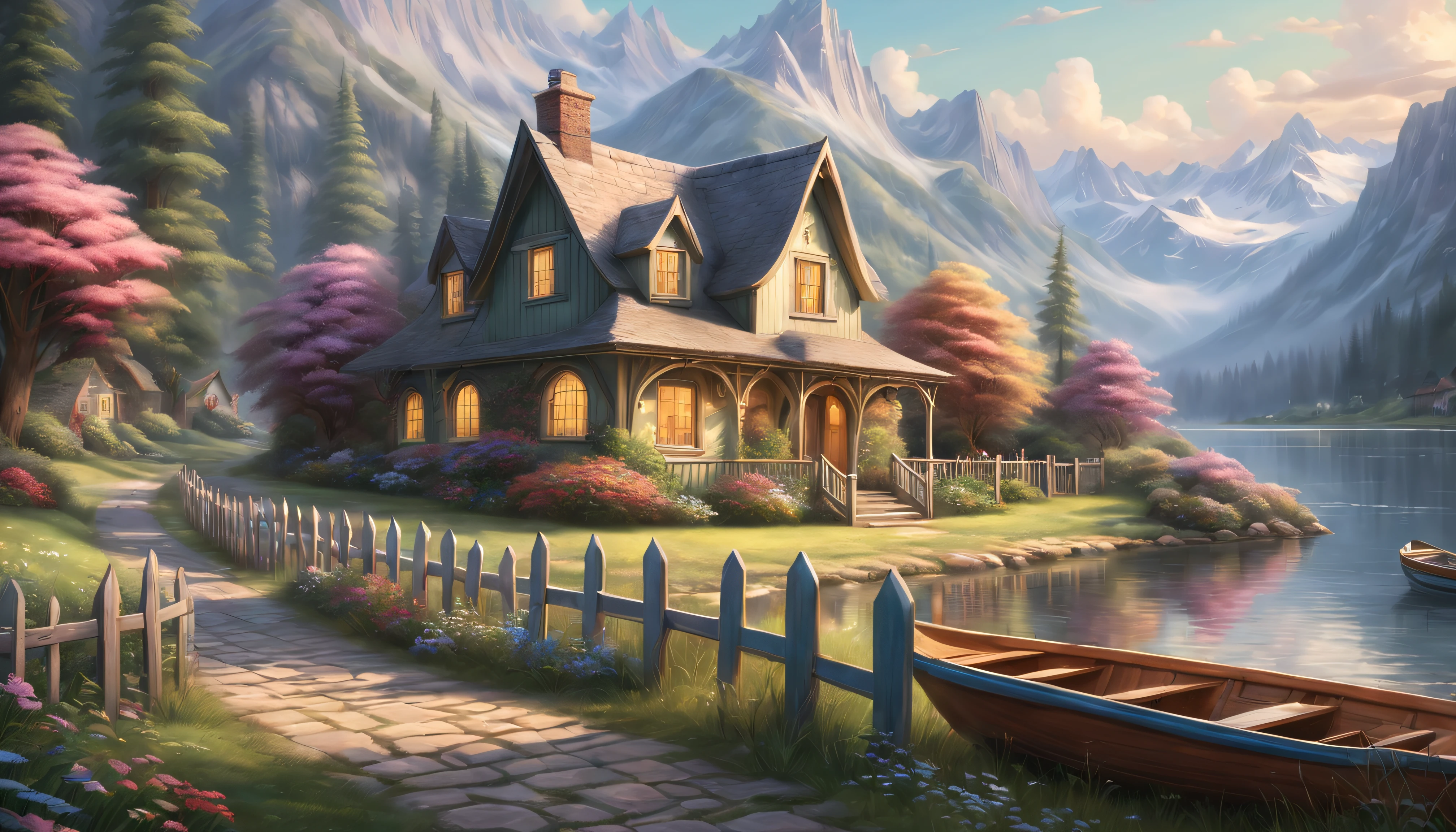 painting of a cottage, flowers beside of fence, fence along the road,  mountain landscape with a lake and a boat, illustration matte painting,  inspired by Thomas Kinkade, symmetric matte painting, detailed scenery , style raw, 8 k ultra detailed