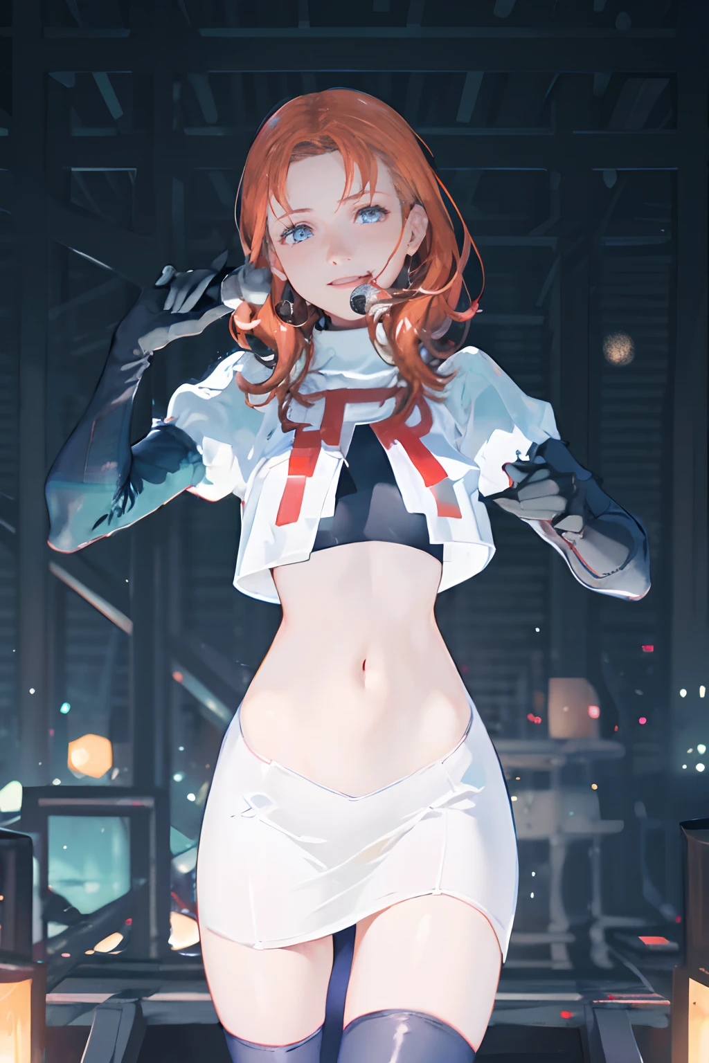 Annette_war's face, 1 girl, (on the stage), singing, crowd, microphone, evil smile, team rocket, team rocket uniform, red letter R, white skirt, white crop top, black thigh-highs, black elbow gloves, (best quality, 4k, 8k, highres, masterpiece:1.2), ultra-detailed, (realistic, photorealistic, photo-realistic:1.37), HDR, UHD, studio lighting, ultra-fine painting, sharp focus, physically-based rendering, extreme detail description, professional, vivid colors, bokeh, portraits, evil theme, vibrant red color, dramatic lighting.