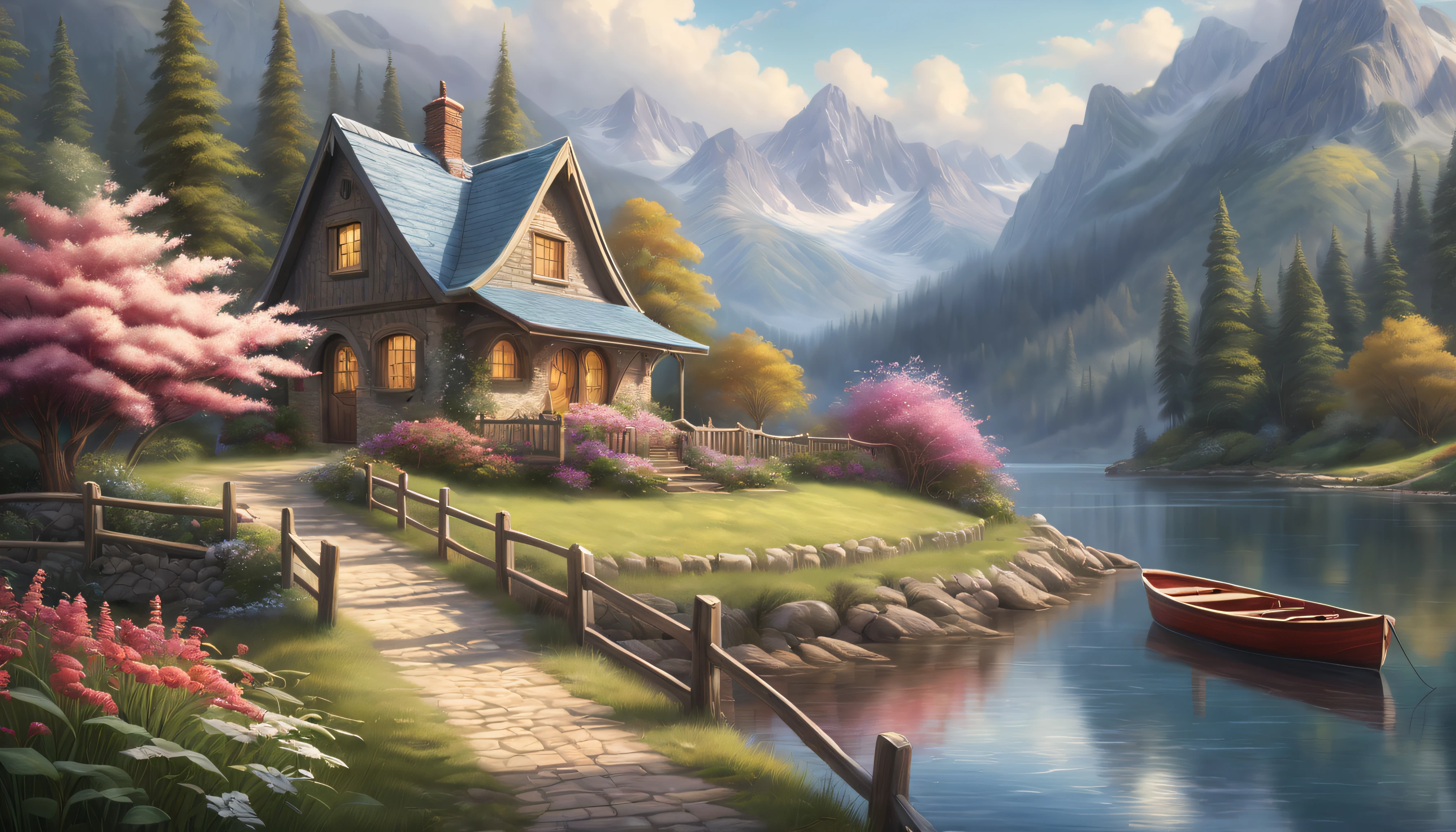 painting of a cottage, flowers beside of fence, fence along the road,  mountain landscape with a lake and a boat, illustration matte painting,  inspired by Thomas Kinkade, symmetric matte painting, detailed scenery , style raw, 8 k ultra detailed