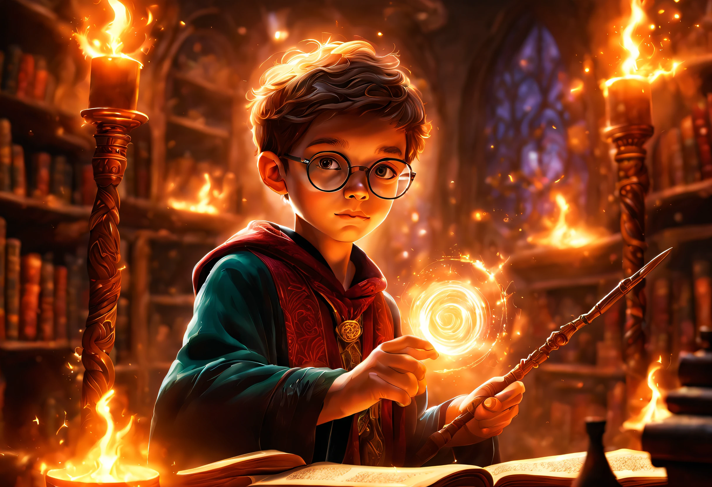 A boy with round glasses standing in a classroom, holding a wand, casting intricate and powerful spells. Bright flashes of light illuminate the surroundings. The boy's eyes are filled with determination and focus as he waves his wand with precision. The air is thick with magical energy, crackling and swirling around him. The classroom is filled with ancient books, potion bottles, and other magical artifacts. The walls are adorned with intricate tapestries depicting the history of magic. The atmosphere is mysterious and enchanting. The spells the boy casts are vivid and dynamic, creating stunning visual effects that captivate the viewer. The colors are rich and vibrant, with a touch of otherworldly glow. The lighting is dramatic, casting long shadows and highlighting the boy's face in a magical glow. The scene exudes a sense of awe and wonder. The boy's intense concentration and the raw power of the spells make it clear that he is a gifted wizard, destined for great things. The image quality is top-notch, with ultra-detailed textures and sharp focus. The artwork has a realistic yet fantastical feel, combining elements of digital illustrations and traditional paintings. The colors are carefully chosen to create a harmonious and magical atmosphere, with a hint of warmth and mystery. The scene is bathed in soft, natural light, casting a soft glow on the surroundings. The overall composition and perspective draw the viewer into the magical world, evoking a sense of wonder and excitement.