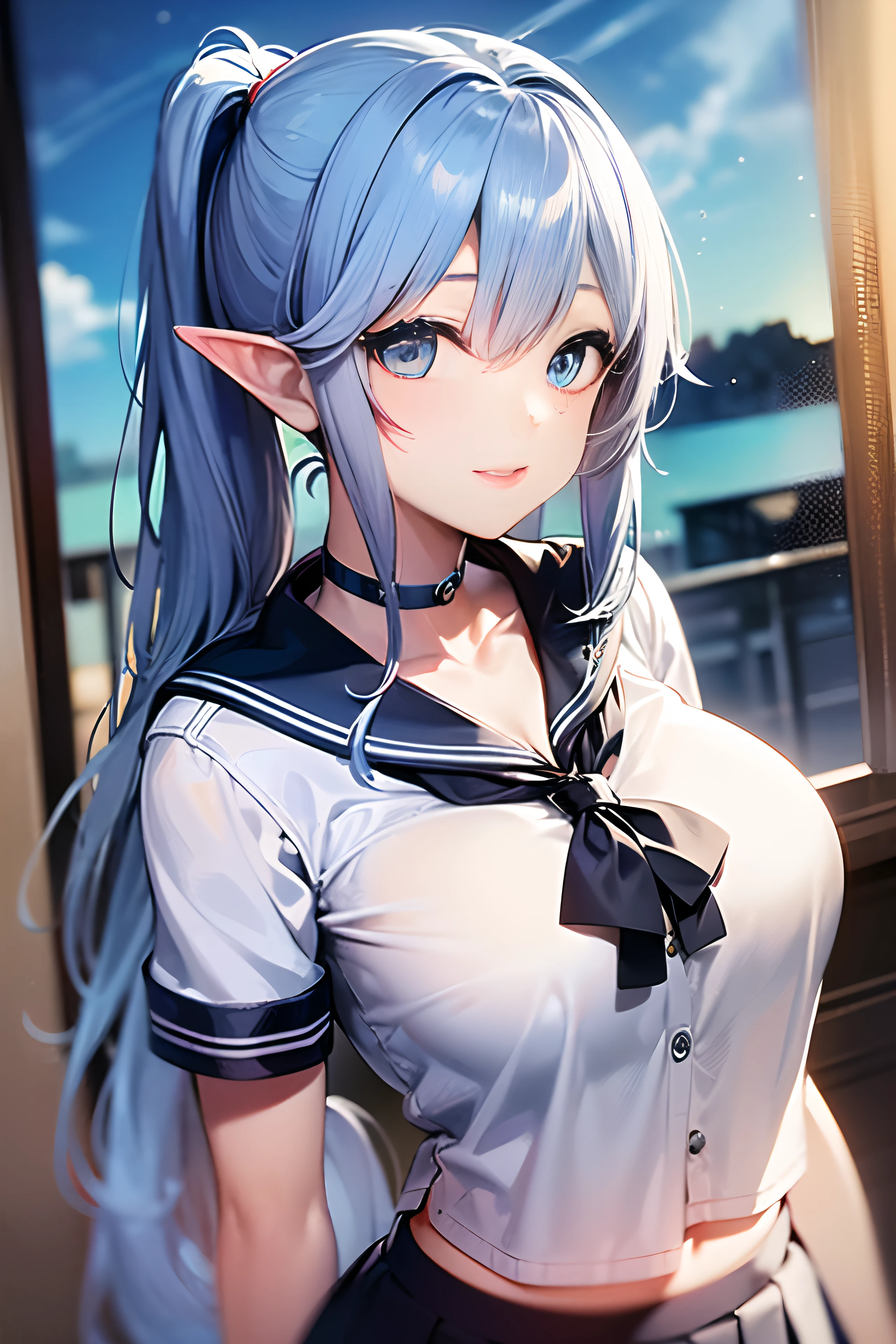 hi-school girl, ((Kyoto Animation Style)), super precision, masterpiece, very extremely beautiful, very detailed face and eyes, Princess Face, ((One adult woman)), ((Solo:1.5)), Big eyes, ((sky blue hair:2.0)), (Blue eyes:1.5), ((Very long hair)), ((Straight hair)), ((poneyTail:1.5)), ((Large breasts)), elf-ears, ((耳Nipple Ring:1.5)), BREAK, ((a black choker:1.5)), Faint lips, Professional Lighting, (25 years old), Narrow waist, Shiny skin, ((Oiled skin)), glistning skin, Looking at Viewer, break, ((high-school uniform:1.5)), (Sailor Uniform:1.5), ((pleatedskirt)), ((lowfers:1.5)), knee sox, Schools, Inside the classroom, ((A smile)), ((cowboy shot:1.5)), skinny thigh, Sexy, half-opened mouth,