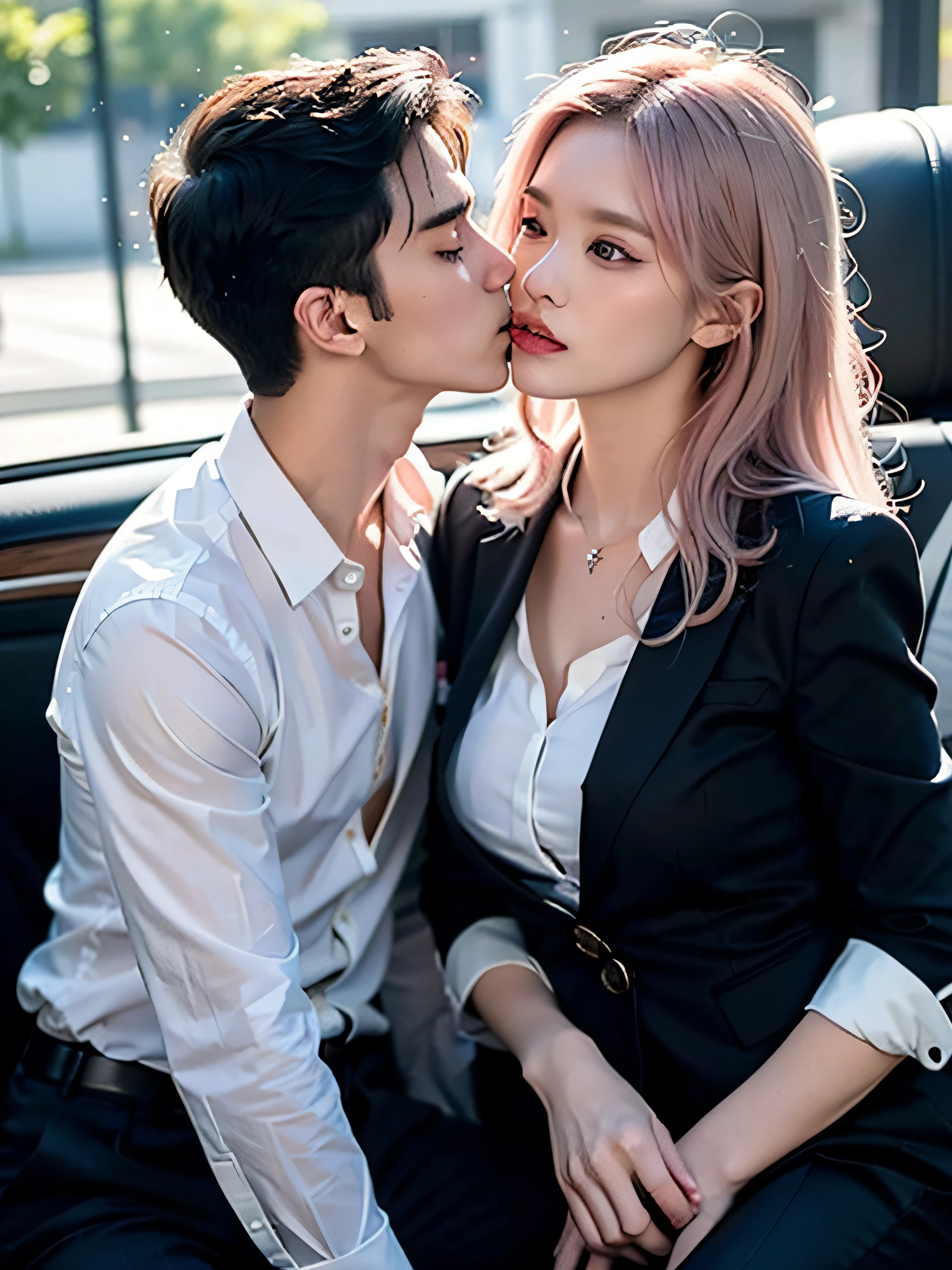 masutepiece, Best Quality, super detailed, Illustration, Beautiful detailed eyes, close up, With boys and girls. I had pink hair, White Pleated Shirt, Cracked buttons on the chest, Skirt. The boy has black hair, Black Suit, Black pants. Boy and girl kissing in car, heavy rain weather