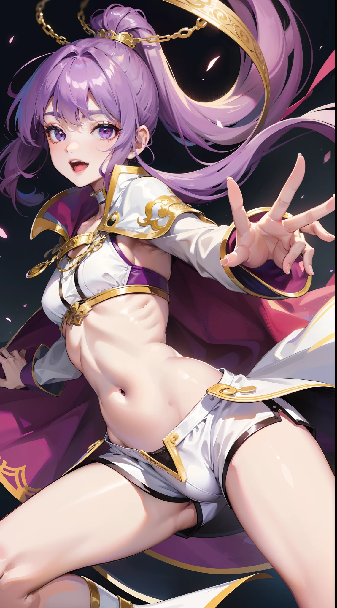 young girl, long purple hair, white tight top, cape, Shorts, open belly, ssmile, Masterpiece, hiquality, 4k, HD, Good detail