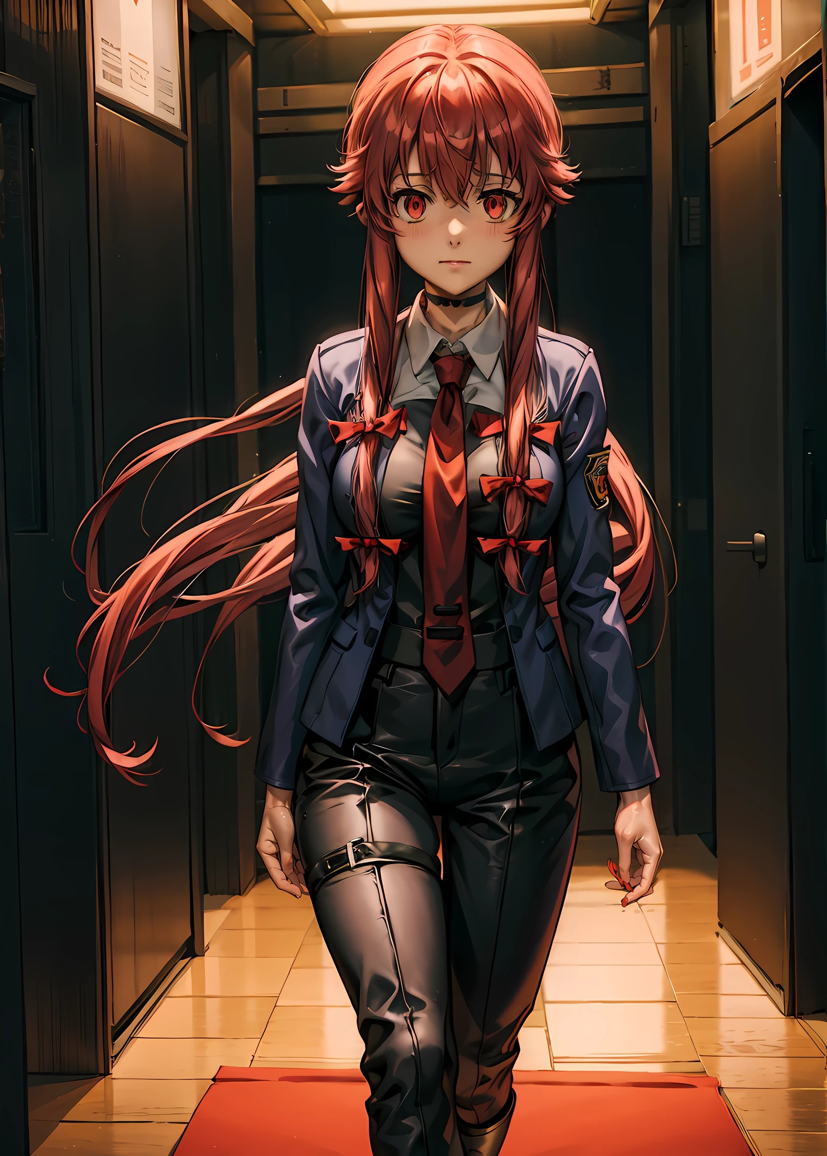 yuno gasai wearing FROCK COAT, necktie, black pants, large breasts, red eyes, (fanart of Gasai Yuno), leather gloves, black boots, black choker, ((nigth)),