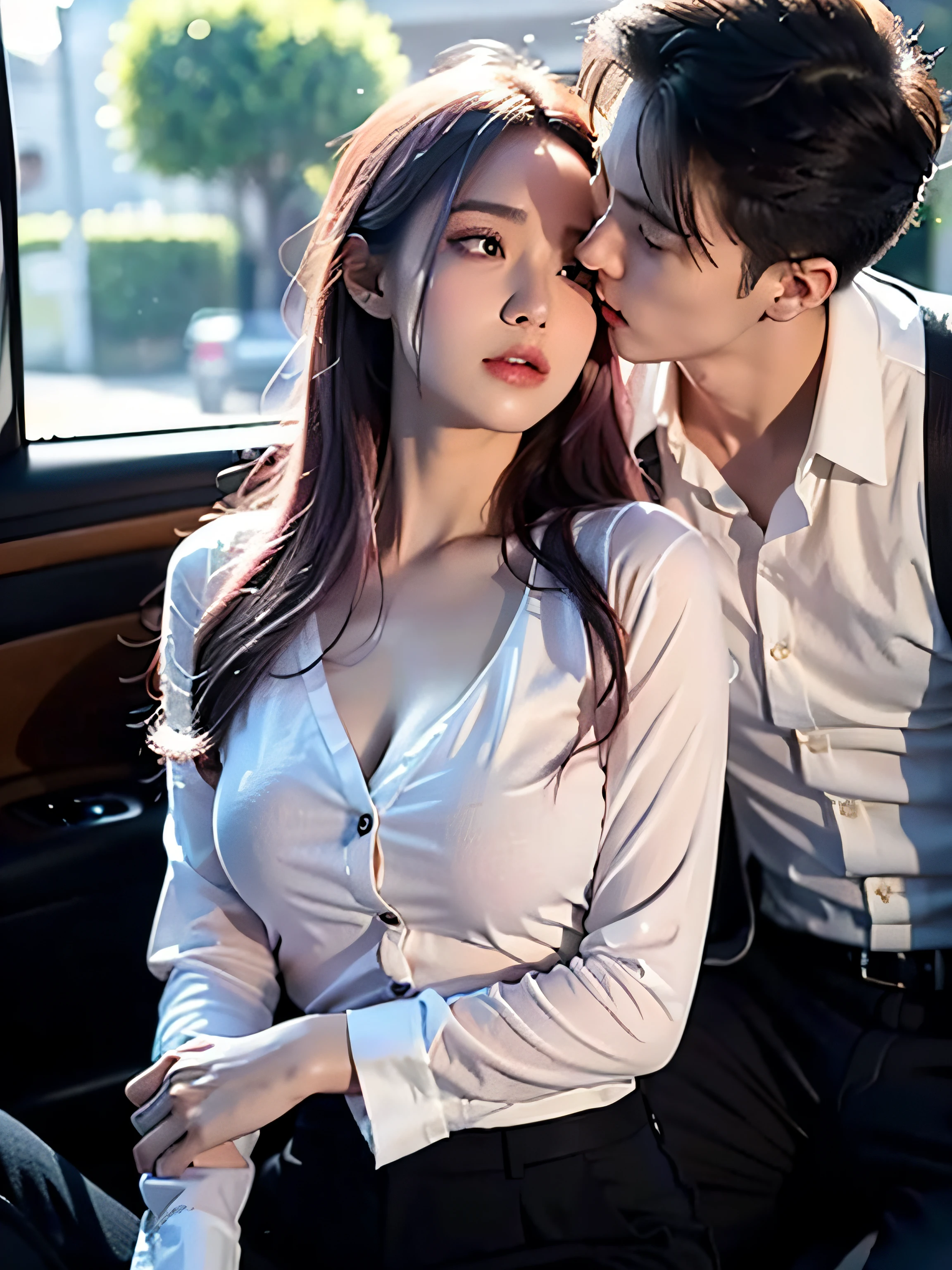 masutepiece, Best Quality, super detailed, Illustration, Beautiful detailed eyes, close up, With boys and girls. I had pink hair, White Pleated Shirt, Cracked buttons on the chest, Skirt. The boy has black hair, Black Suit, Black pants. Boy and girl kissing in car, heavy rain weather