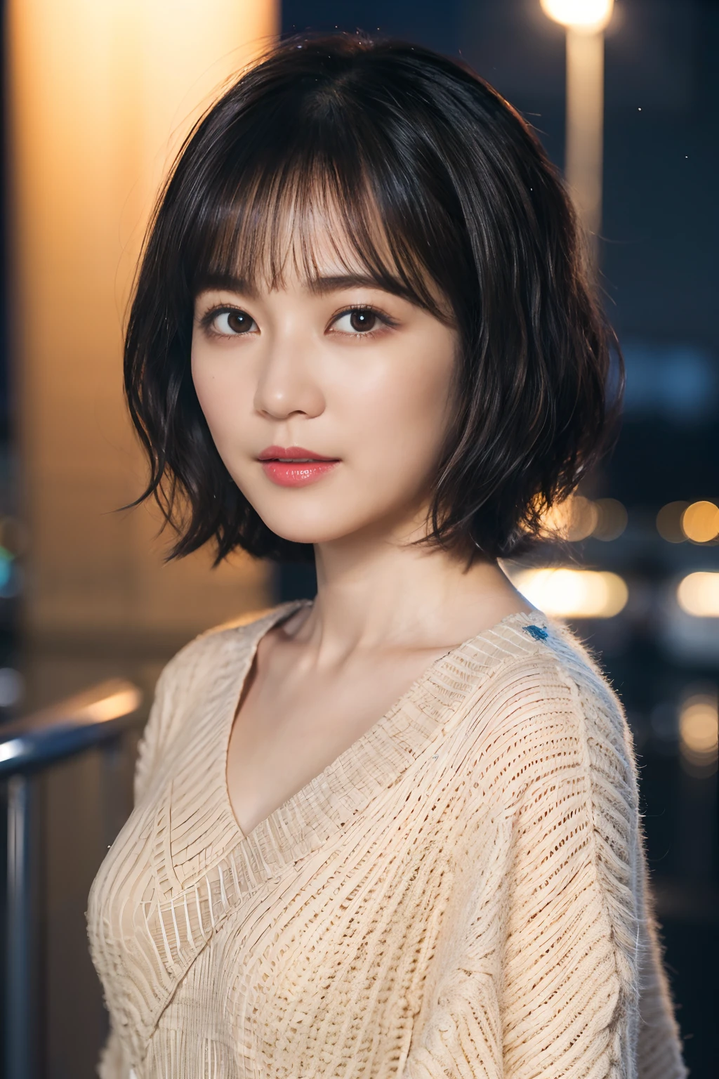 41
(Airy wavy short bob cut:1.23), (a 25yo woman), (A hyper-realistic), (masutepiece), (8KUHD), Being in the harbor at night, Medium chest