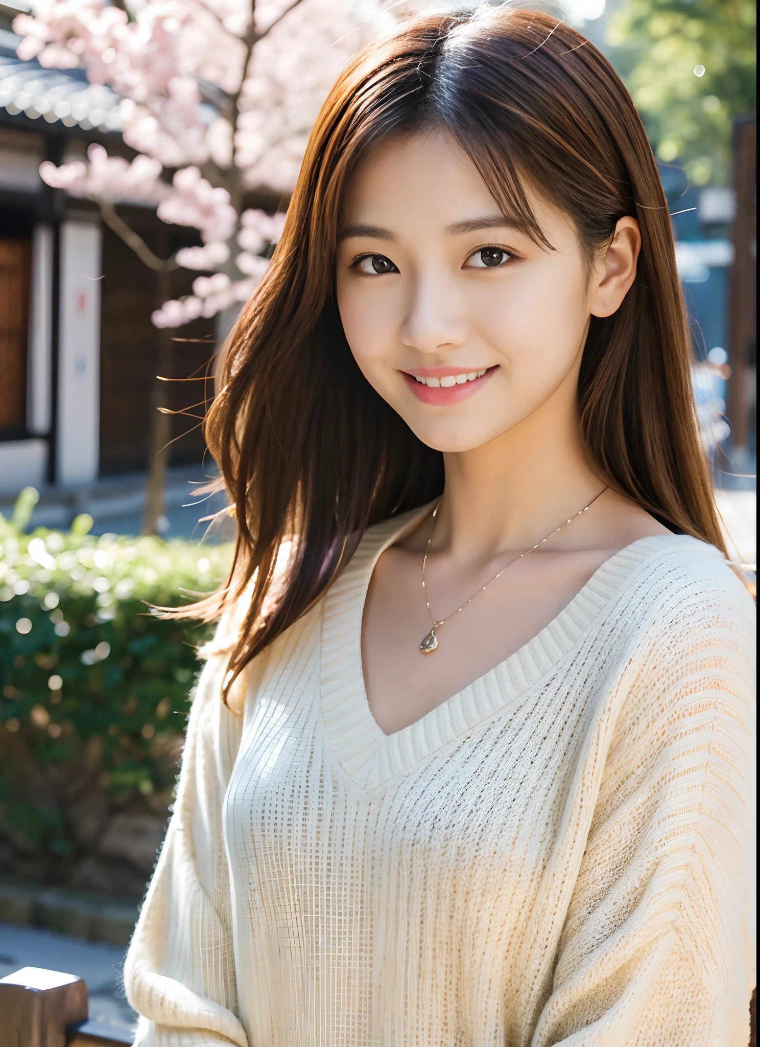 masutepiece, Best Quality, Illustration, Ultra-detailed, finely detail, hight resolution, 8K Wallpaper, Perfect dynamic composition, Beautiful detailed eyes, Medium Hair, Natural Color Lip, Random Poses,Smile, Kyoto Street Walk、20 years girl, Beautuful Women, V-neck sweater、a necklace、A bracelet、耳环
