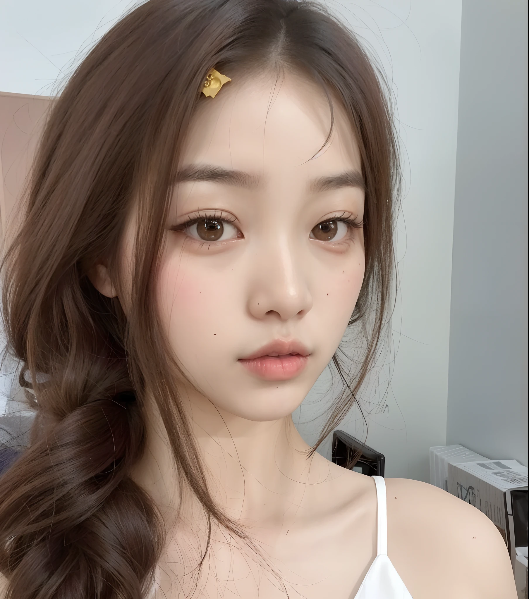 There's a woman with a hairpin in her hair, young adorable korean face, Jaeyeon Nam, Jinyoung Canela, Ulzzang, lindo rosto delicado, wan adorable korean face, pale round face, beautiful aesthetic face, Mulher sul-coreana bonita, com bonito - fino - rosto, korean face features, mulher coreana jovem bonita, coreana, linda mulher coreana jovem
