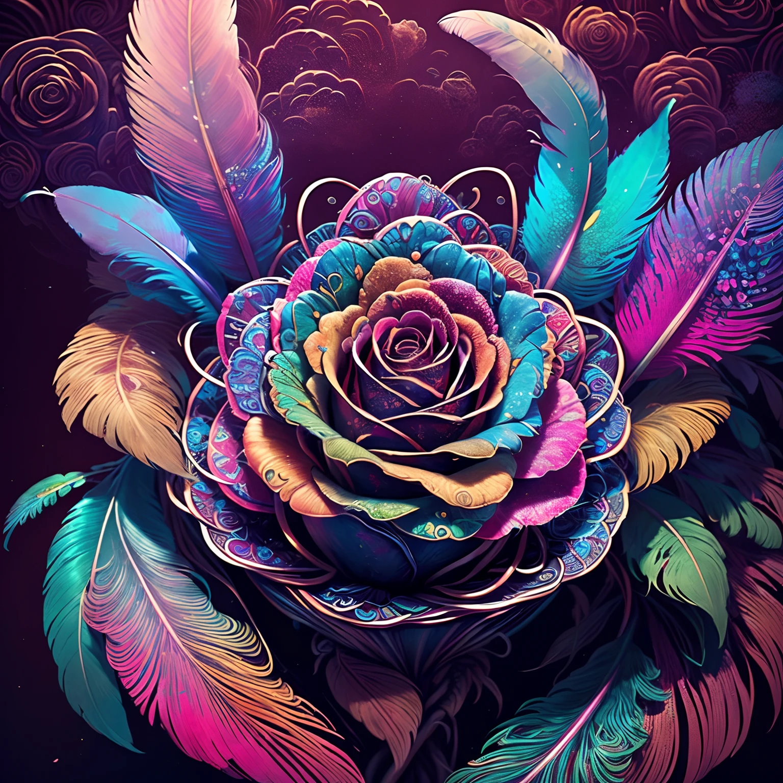 Riff Style 2 (masutepiece, top-quality, Best Quality, Official art, Plants and bird feathers, Beautiful and aesthetic flowers:1.2), (roses:1.3), Extremely detailed,(Fractal Art:1.1),(Colorful:1.1)(Flowers:1.3),highest details,(Zentangle:1.2), (Dynamic Pose), (Colorful abstract background:1.3), (Glossy flowers), (Many colors:1.4), Colorful Accessories, (Feathers:1.5)