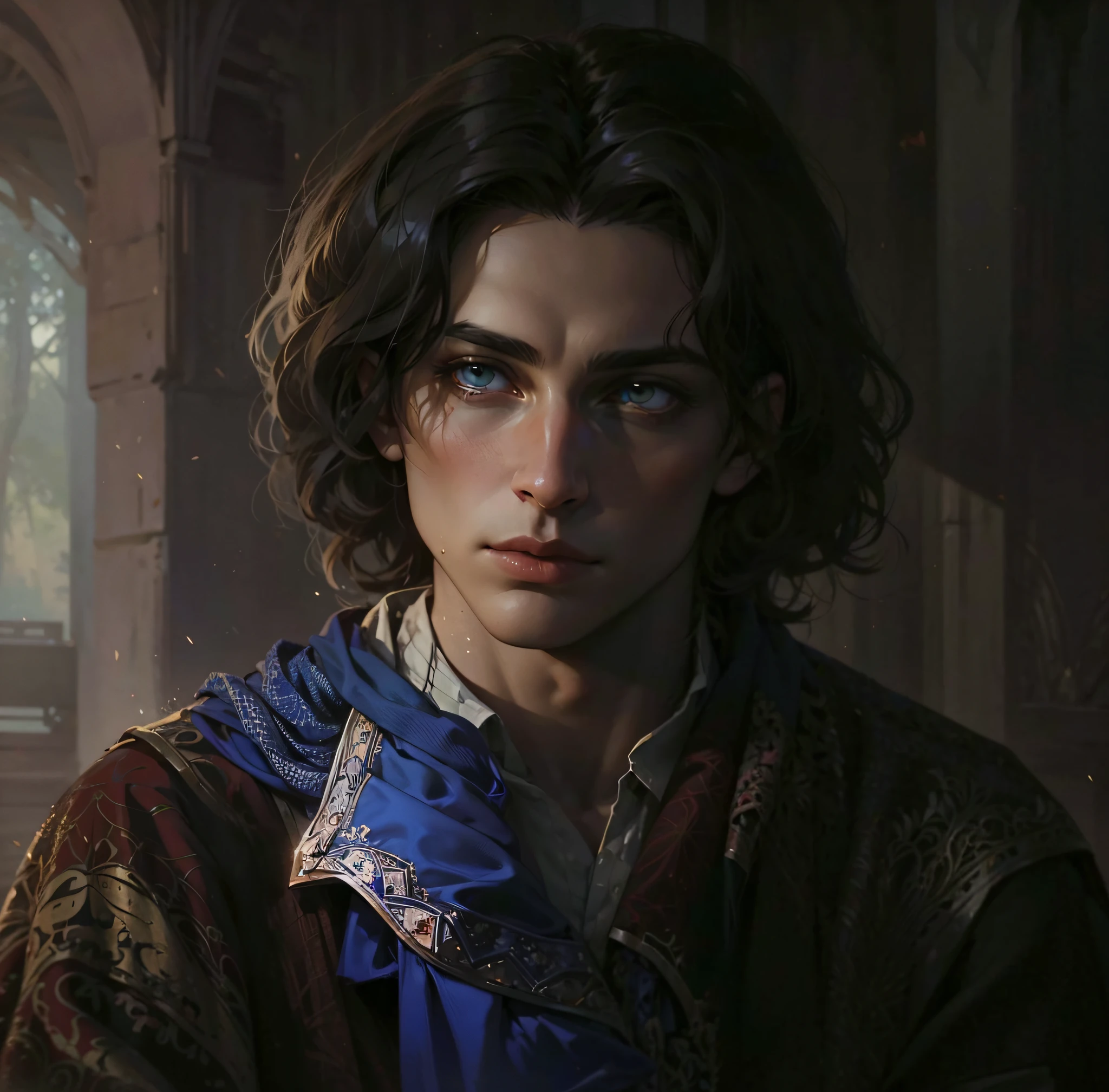 fantasy, medieval forest, Young Man, dark colored hair, amber eyes, light skin, graceful facial features, silk shirt, Jewelry around the neck with gems, Looks a bit like Timothée Chalamet, magic, Summon fire, fire mage