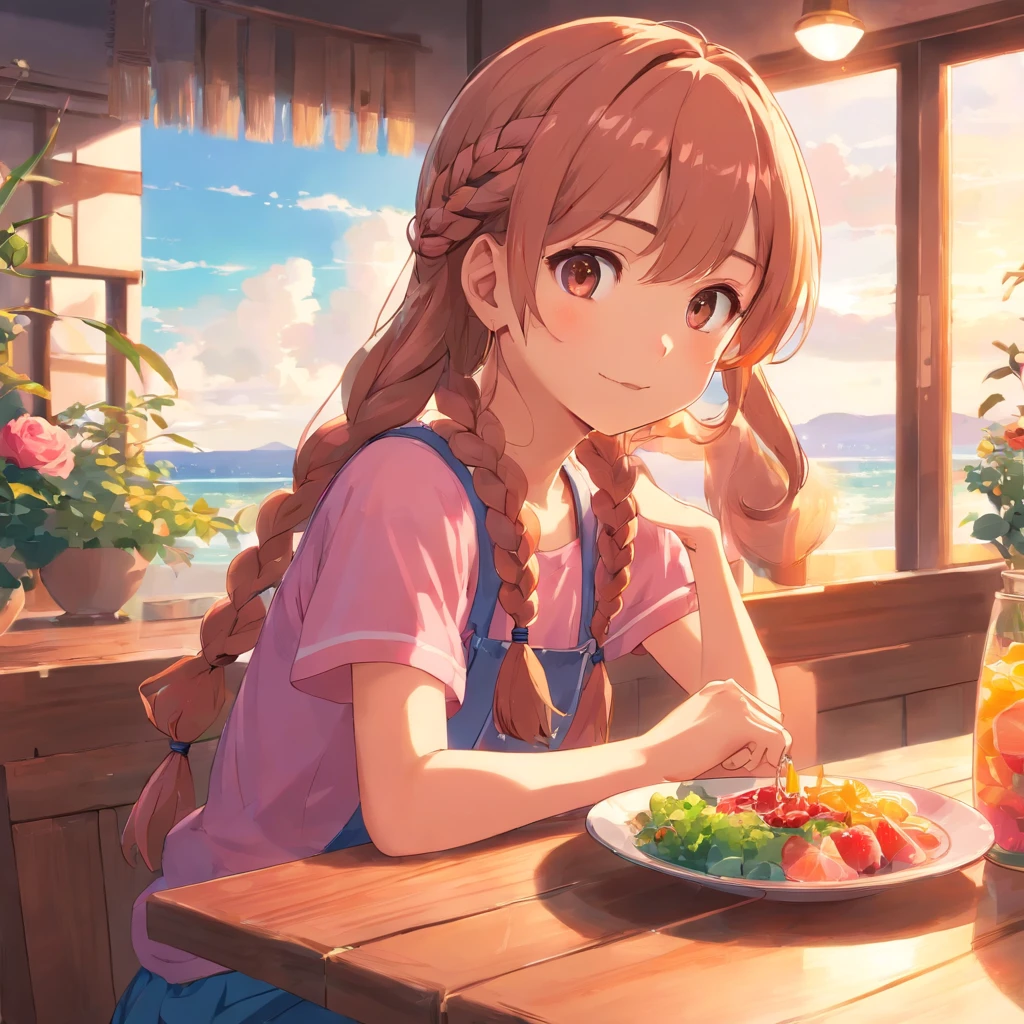 5 year old girl sitting at the dining table，largeeyes，having fun，yearning，Juice on the table，for breakfast，Sunny sea view from the window，Warm and healing，Cute expressions，Roses by the window，morango，Colored rope braided hair，shining brightly，Half-blood kawaii，Bohemian style earrings，Pink warms the healing atmosphere