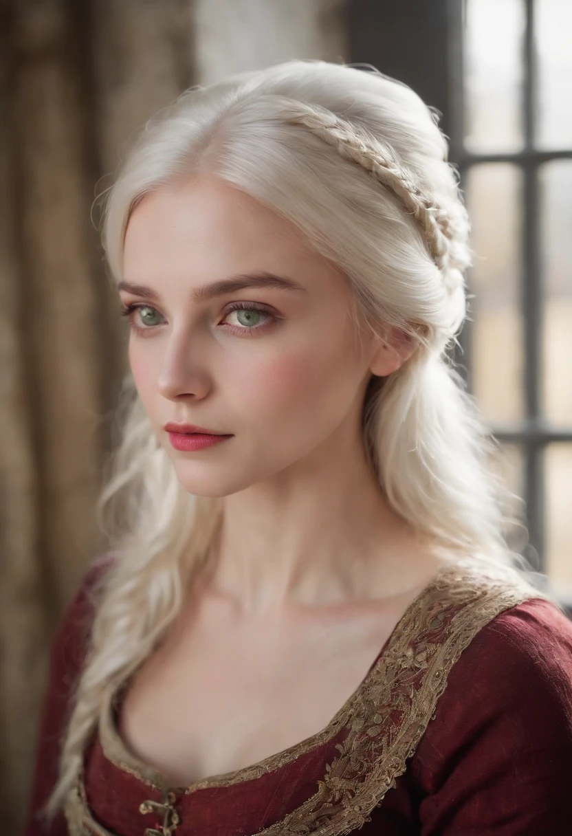 (((a deep reddish wound crosses her left cheek))) fair complexion, woman around 19 years old, natural white hair, distinctive green eyes, wearing kohl, slender and graceful, beautiful, candlelight in a medieval setting, ultra sharp focus, realistic shot, medieval female clothes, tetradic colors (scar:1.4)