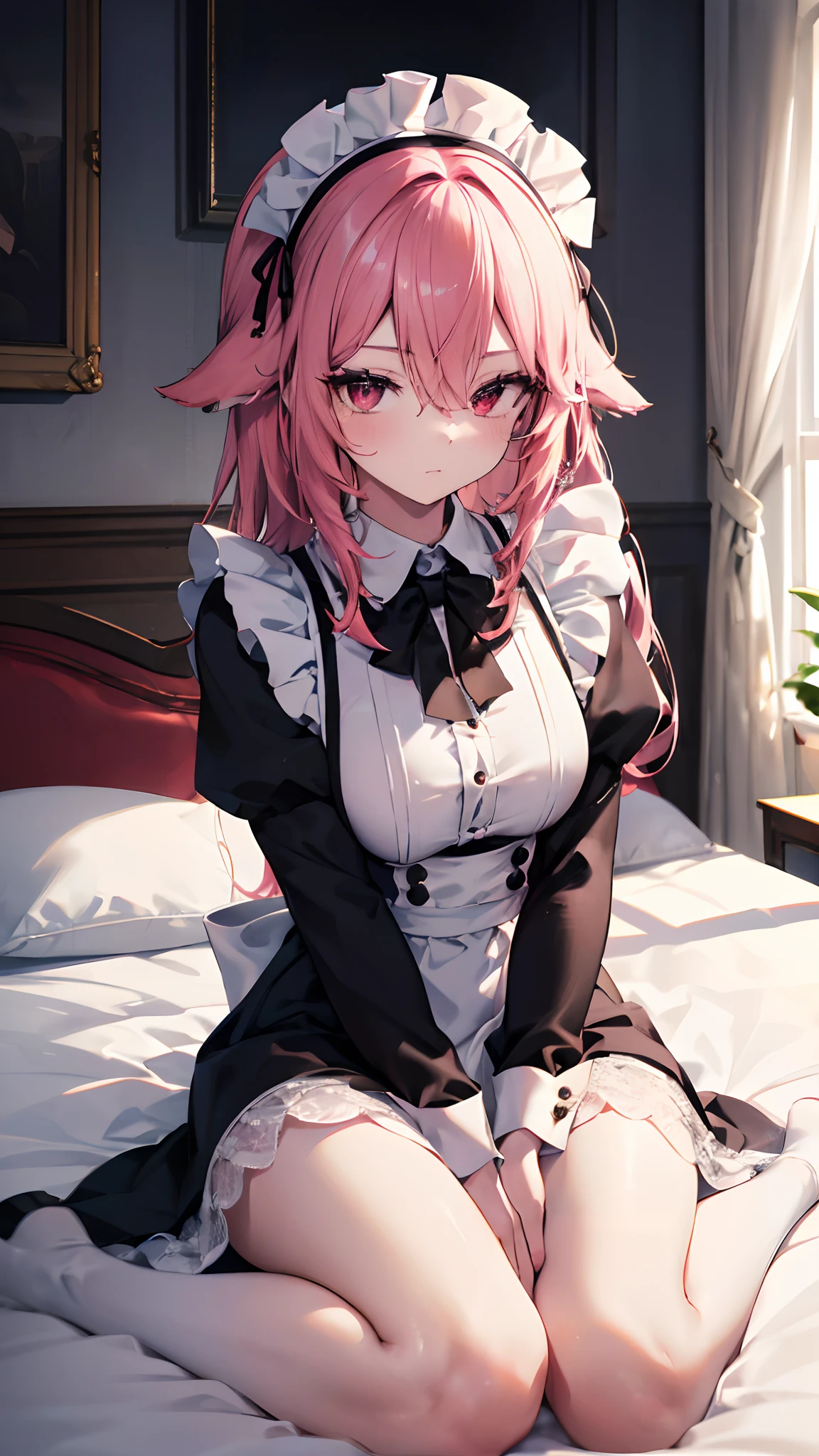 ((masutepiece+Best Quality+High resolution+Illustration 1.3+Ultra-8k)), 1girl in, ((Detailed body)) ((alluring face)) ((long snout)) ((Long facial structure)) (Sharp eyes) ((Red Eyes)) ,Soft skin, Indoor, laying on the bed, Looking at Viewer, maid girl, Detailed body, long red hair, Detailed eyes, ((detailed shadow)), Lighting, Detailed, Focus, Hand Detail Night Light,Beautiful and perfect legs, Clean and perfect hands (hands between legs), maid uniform, (translucent white stocking), (eye glasses)