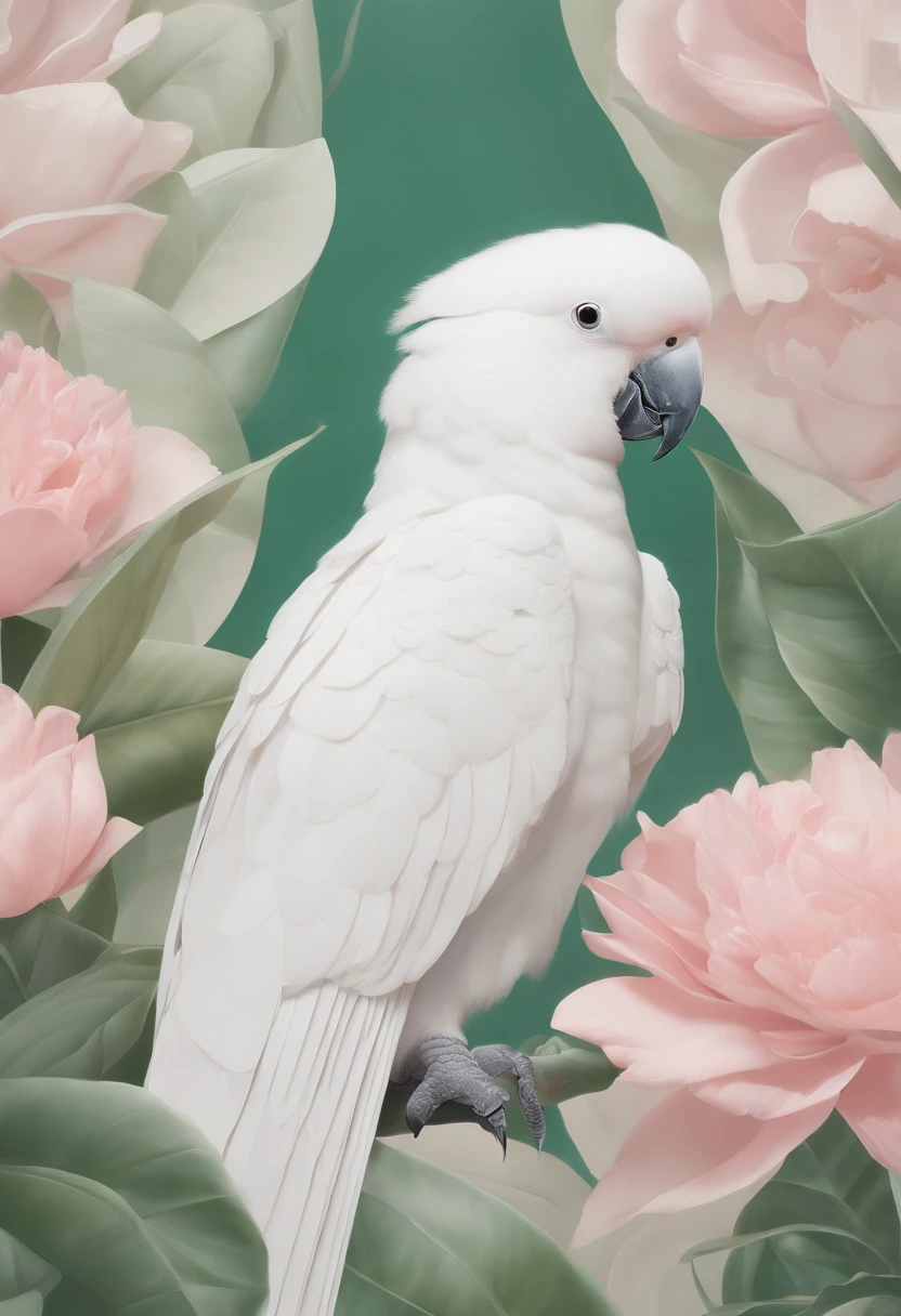 A fashion magazine, Hyperrealistic oil painting, (a pure white parrot), Short hair neutral woman, pink and emerald, Plants cover the background, style of artist hsiao-ron cheng, shiny hair, cowboy shot, Art Deco, Verism, bloom, award winning, retina