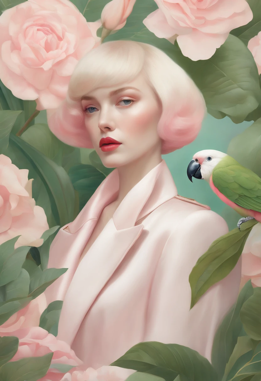 A fashion magazine, Hyperrealistic oil painting, (a pure white parrot), Short hair neutral woman, pink and emerald, Plants cover the background, style of artist hsiao-ron cheng, shiny hair, cowboy shot, Art Deco, Verism, bloom, award winning, retina