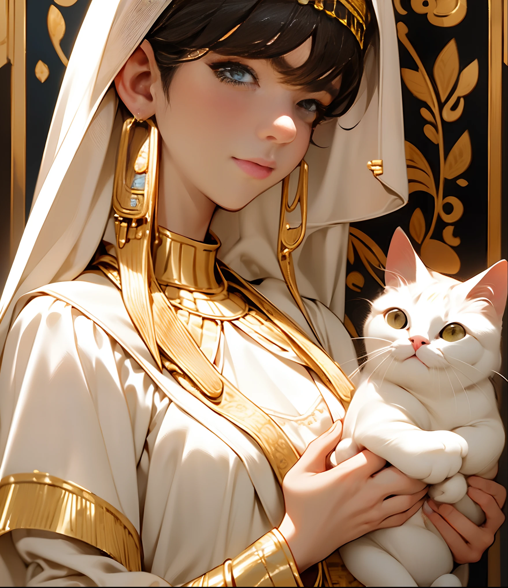 upper class, fine dress with shoulder straps and a shawl, high quality, super detail, detailed CG unity, ancient egypt outfit, holding a white cat