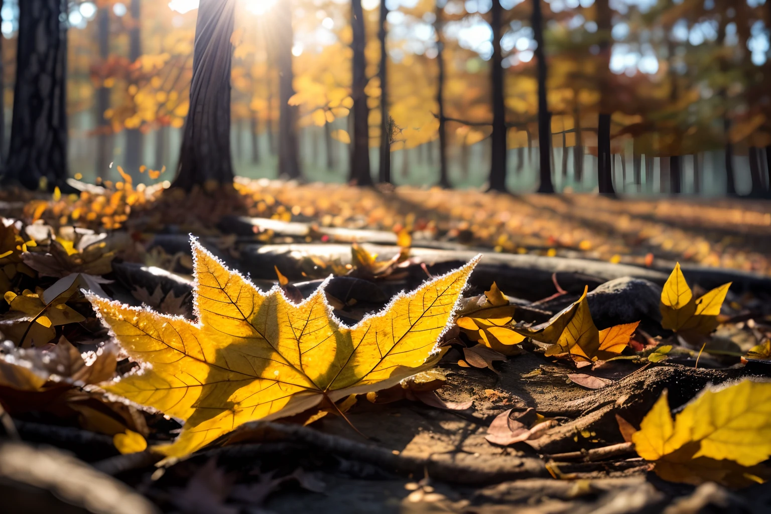 macro, autumn leaves, covered with a thin layer of frost,, Cinematic world, ray of light, bokeh