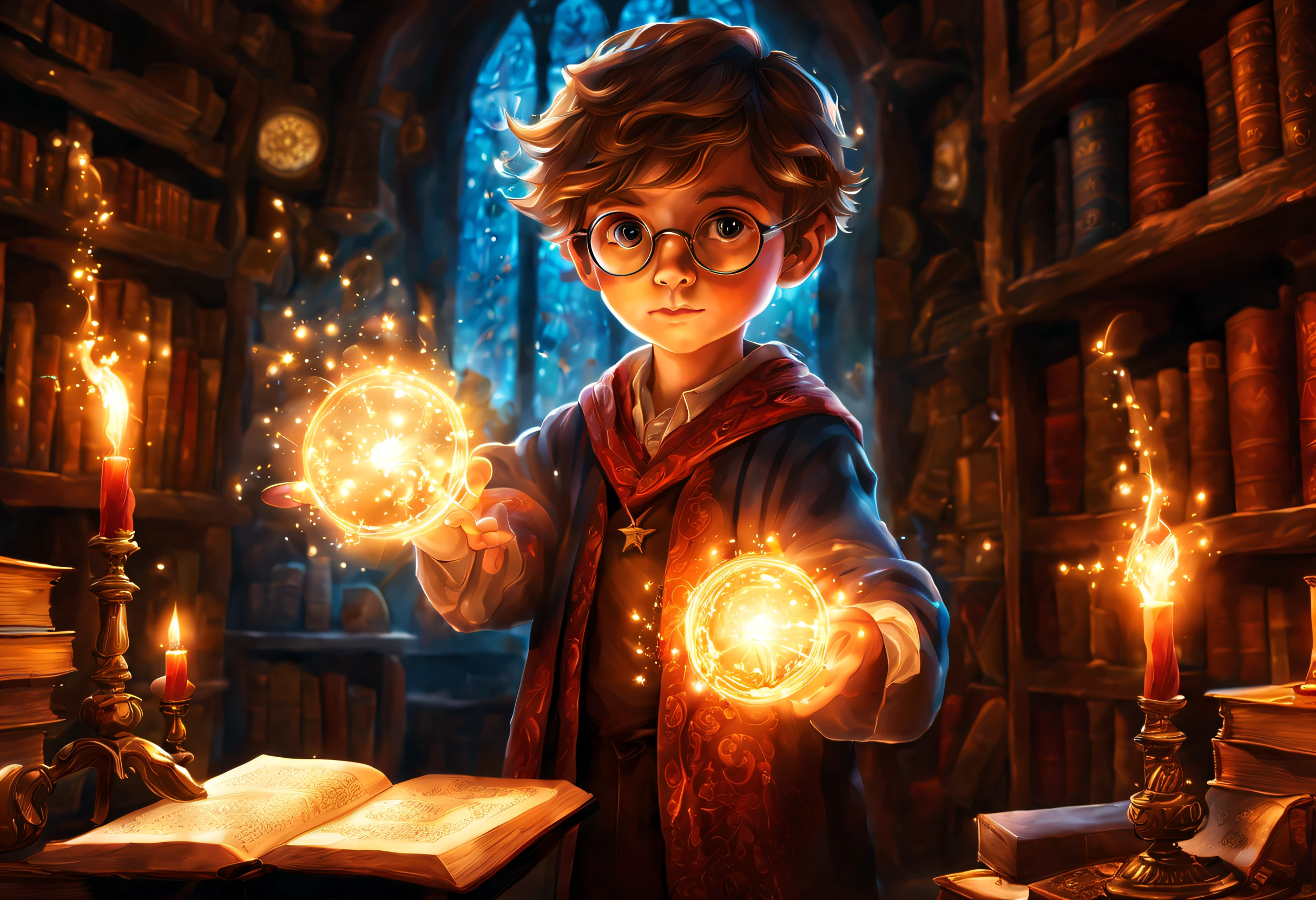 A boy with round glasses standing in a classroom, holding a wand, casting intricate and powerful spells. Bright flashes of light illuminate the surroundings. The boy's eyes are filled with determination and focus as he waves his wand with precision. The air is thick with magical energy, crackling and swirling around him. The classroom is filled with ancient books, potion bottles, and other magical artifacts. The walls are adorned with intricate tapestries depicting the history of magic. The atmosphere is mysterious and enchanting. The spells the boy casts are vivid and dynamic, creating stunning visual effects that captivate the viewer. The colors are rich and vibrant, with a touch of otherworldly glow. The lighting is dramatic, casting long shadows and highlighting the boy's face in a magical glow. The scene exudes a sense of awe and wonder. The boy's intense concentration and the raw power of the spells make it clear that he is a gifted wizard, destined for great things. The image quality is top-notch, with ultra-detailed textures and sharp focus. The artwork has a realistic yet fantastical feel, combining elements of digital illustrations and traditional paintings. The colors are carefully chosen to create a harmonious and magical atmosphere, with a hint of warmth and mystery. The scene is bathed in soft, natural light, casting a soft glow on the surroundings. The overall composition and perspective draw the viewer into the magical world, evoking a sense of wonder and excitement.