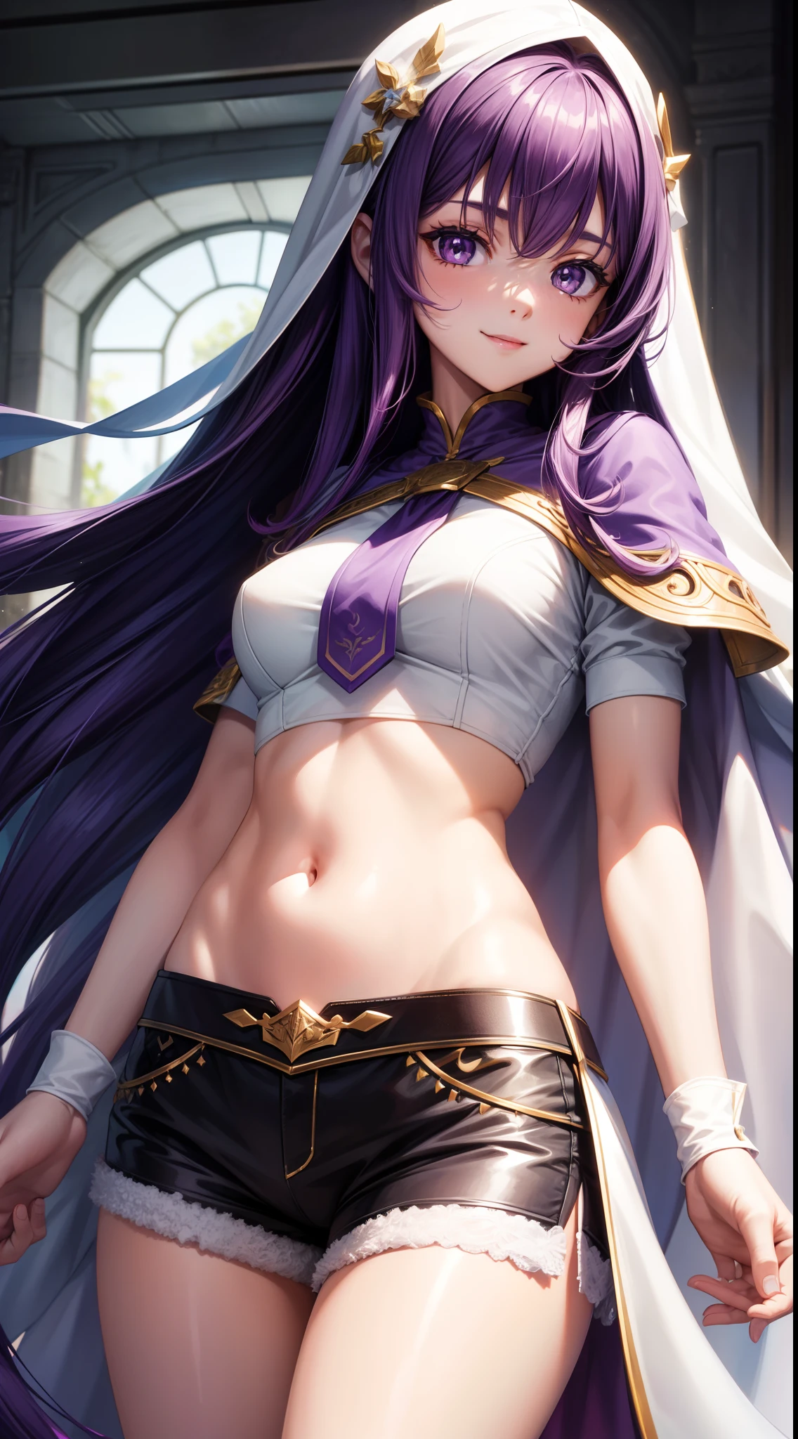 young girl, long purple hair, white tight top, cape, Shorts, open belly, ssmile, Masterpiece, hiquality, 4k, HD, Good detail