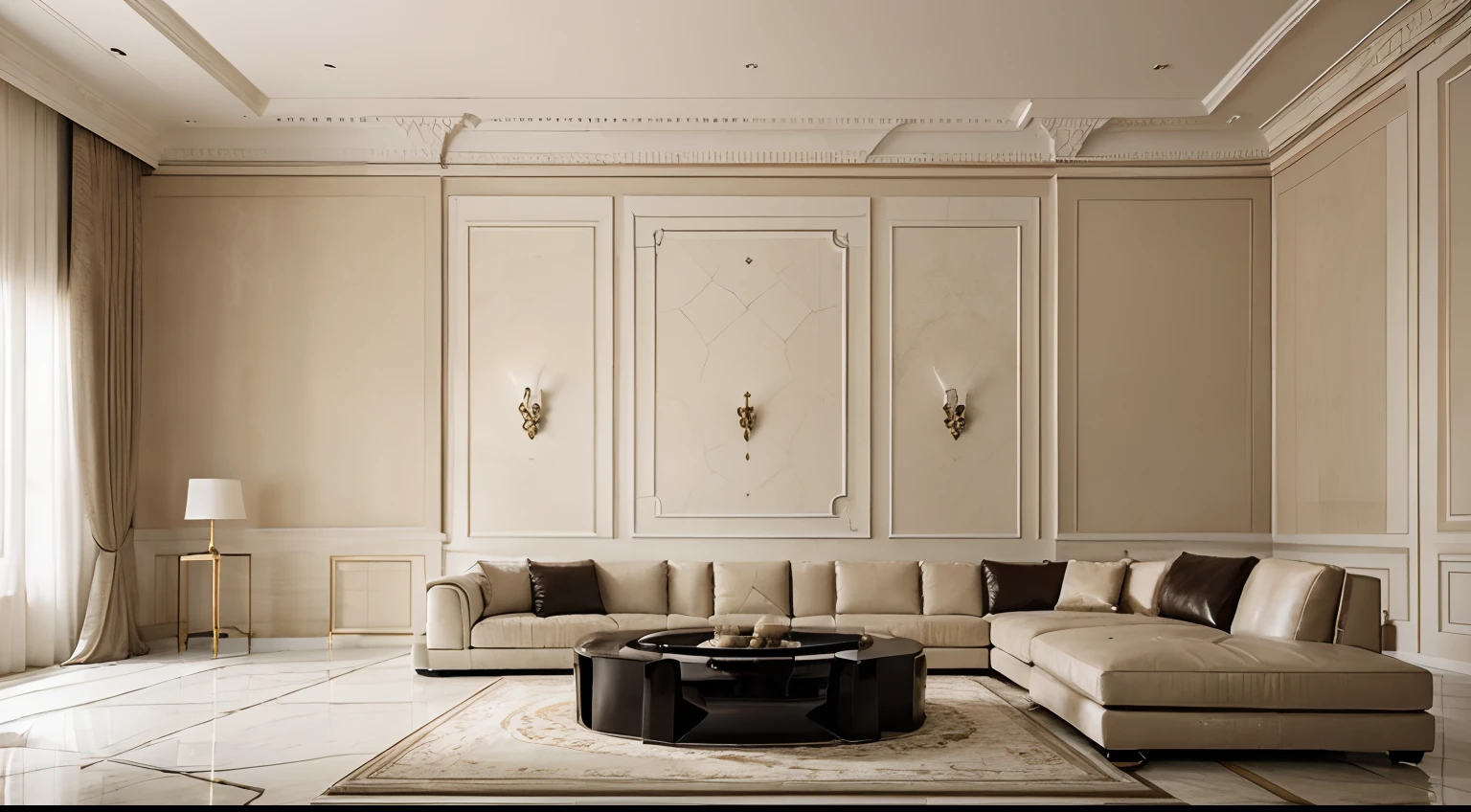 high resolution photography interior design, dreamy sunken living room conversation pit, big leather couch looking royal, marble floor, high ceiling, beige black white pastel palette, interior design magazine, cozy atmosphere