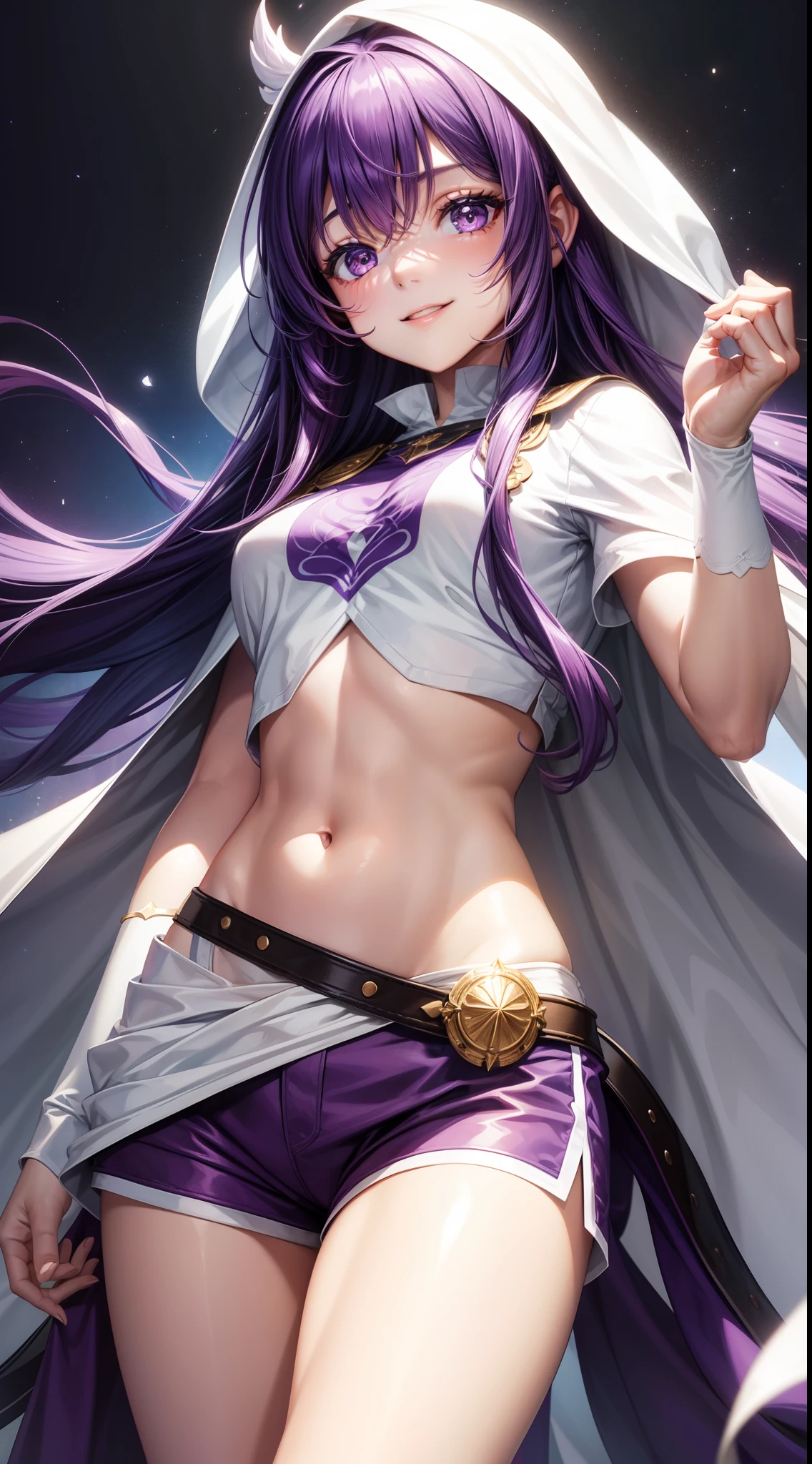 young girl, long purple hair, white tight top, cape, Shorts, open belly, ssmile, Masterpiece, hiquality, 4k, HD, Good detail