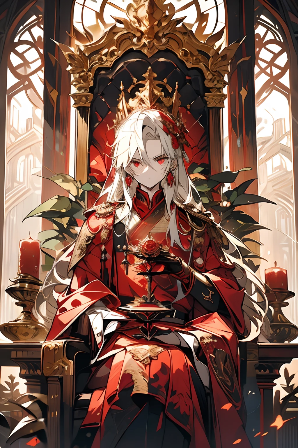 A King head of blonde hair, The red-eyed prince sits on a majestic throne inside an abandoned palace. The environment around him was dark and gloomy, There are cracks in the walls，Spider webs hang there. The throne is gorgeous, Gold and gemstone details, And covered with a dusty cloth. The protagonist wears royal costumes, with a determined expression on her face, As he stared at the horizon with glowing red eyes