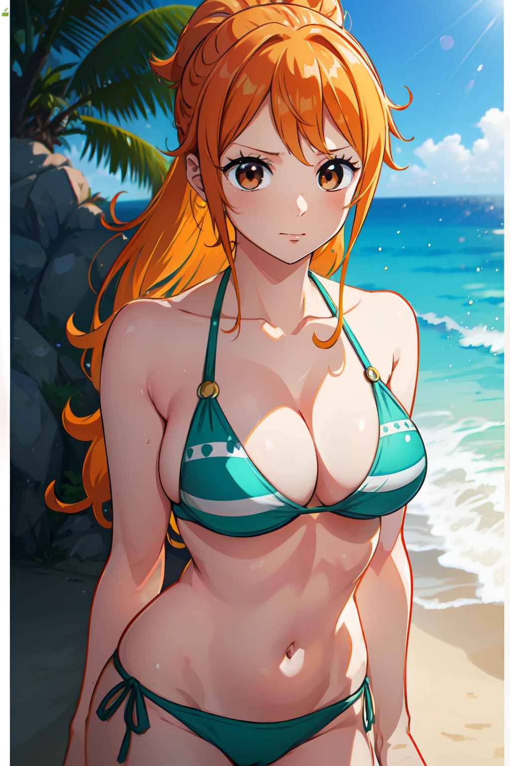 Nami of one piece, long orange ponytail hair, Beautiful brown eyes, Blushing cheeks, Wearing a bright bikini, Enjoy a sunny day at the beach. Art style is、Must resemble a captivating anime style.
About image quality, Prioritize (Best Quality, 4K, 8K, hight resolution, masutepiece:1.2), Ultra-detailed, And (Realistic, Photorealistic, Photorealsitic:1.37) rendered. To enhance visuals, Add HDR, nffsw, Studio Lighting, Ultra-fine painting, Sharp Focus, Physically-based rendering, extreme detail description, Professional, Vivid colors, and bokeh.
Capture the essence of Nami's adventurous spirit and picturesque beach scene, Try to highlight the vibrant colors and warm sunlight in your artwork. Lighting should be soft, A dreamy atmosphere that enhances Nami's beauty.
disclaimer: This prompt includes、May include NSFW elements by bikini mention. Make sure you comply with the guidelines and requirements.
Remember, Do not add explanations or sentence fragments to prompts. Stable diffusion prompt、Provides directly without additional prefixes or punctuation.