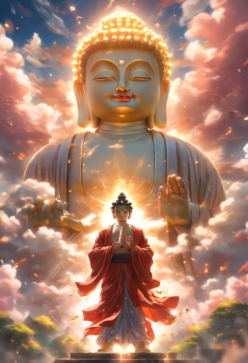 ((masutepiece))，(Best quality))，China style，In the sky, The clouds form a huge white Buddha statue，Thick clouds，and the sun was shining brightly，Pilgrims on the road，Hyper-realistic，Ultra photo realsisim，White seeds，8K，High definition，high qulity，Works of masters，super-fine，（（（OC renderer）））