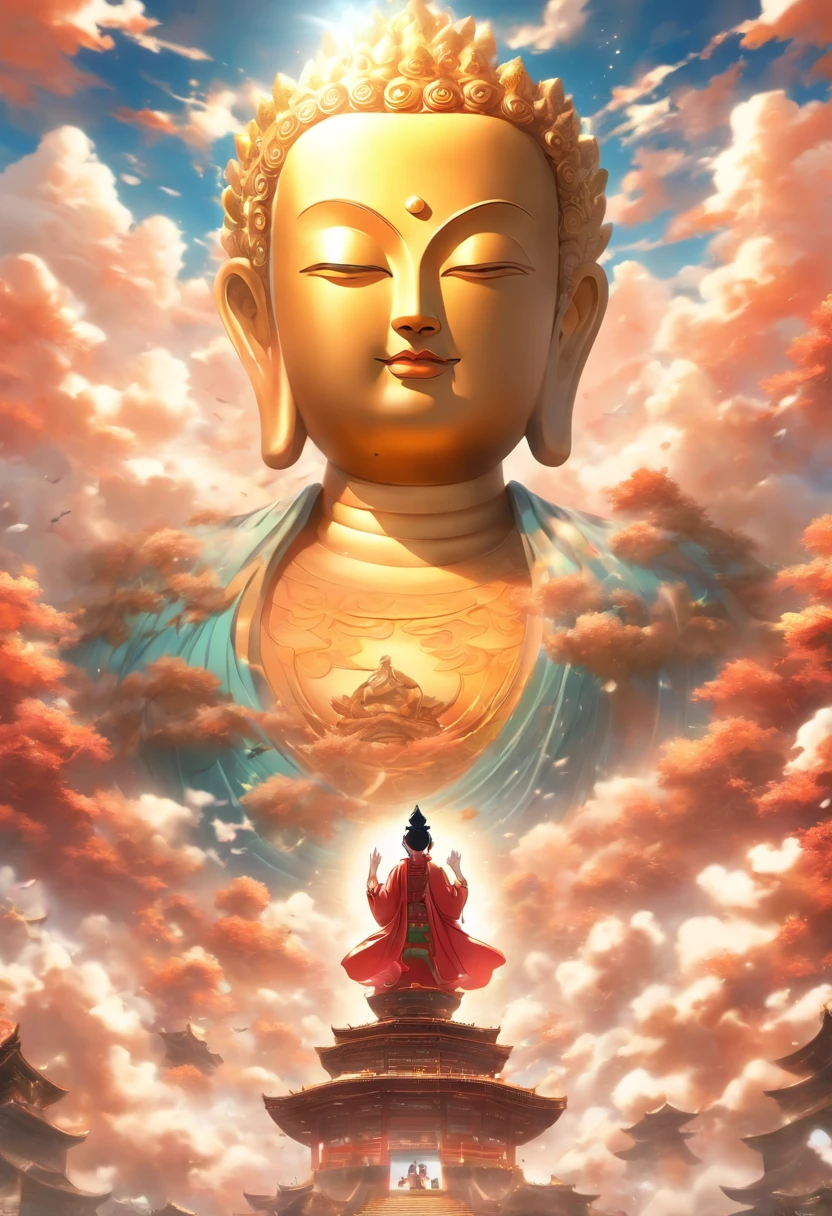 ((masutepiece)),(Best quality)),China style,In the sky, The clouds form a huge white Buddha statue,Thick clouds,and the sun was shining brightly,Pilgrims on the road,Hyper-realistic,Ultra photo realsisim,White seeds,8K,High definition,high qulity,Works of masters,super-fine,(((OC renderer)))