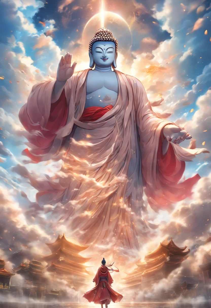 ((masutepiece)),(Best quality)),China style,In the sky, The clouds form a huge white Buddha statue,Thick clouds,and the sun was shining brightly,Pilgrims on the road,Hyper-realistic,Ultra photo realsisim,White seeds,8K,High definition,high qulity,Works of masters,super-fine,(((OC renderer)))
