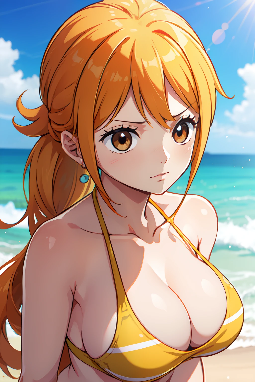 Nami of one piece, long orange ponytail hair, Beautiful brown eyes, Blushing cheeks, Wearing a bright bikini, Enjoy a sunny day at the beach. Art style is、Must resemble a captivating anime style.

About image quality, Prioritize (Best Quality, 4K, 8K, hight resolution, masutepiece:1.2), Ultra-detailed, And (Realistic, Photorealistic, Photorealsitic:1.37) rendered. To enhance visuals, Add HDR, nffsw, Studio Lighting, Ultra-fine painting, Sharp Focus, Physically-based rendering, extreme detail description, Professional, Vivid colors, and bokeh.

Capture the essence of Nami's adventurous spirit and picturesque beach scene, Try to highlight the vibrant colors and warm sunlight in your artwork. Lighting should be soft, A dreamy atmosphere that enhances Nami's beauty.

disclaimer: This prompt includes、May include NSFW elements by bikini mention. Make sure you comply with the guidelines and requirements.

Remember, Do not add explanations or sentence fragments to prompts. Stable diffusion prompt、Provides directly without additional prefixes or punctuation.