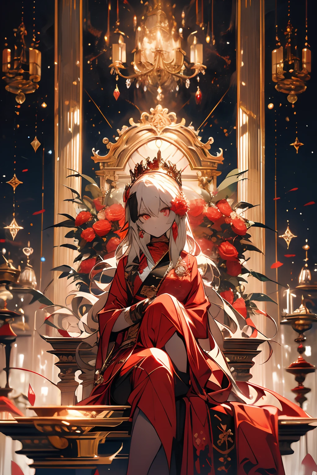 A head of blonde hair, The red-eyed prince sits on a majestic throne inside an abandoned palace. The environment around him was dark and gloomy, There are cracks in the walls，Spider webs hang there. The throne is gorgeous, Gold and gemstone details, And covered with a dusty cloth. The protagonist wears royal costumes, with a determined expression on her face, As he stared at the horizon with glowing red eyes Male