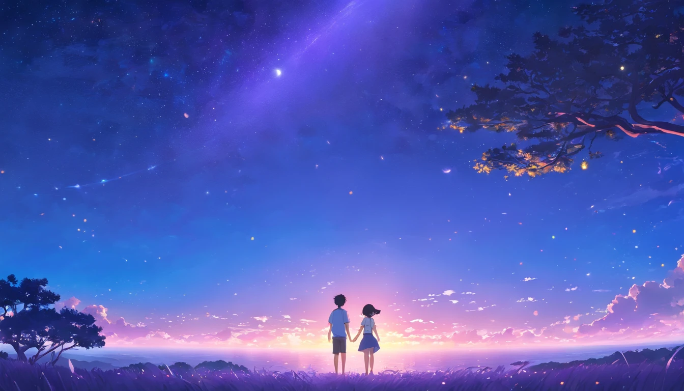 New Haicheng anime style, with a purple background of the moon and starry sky, and a bright and dreamy foreground of a large tree
