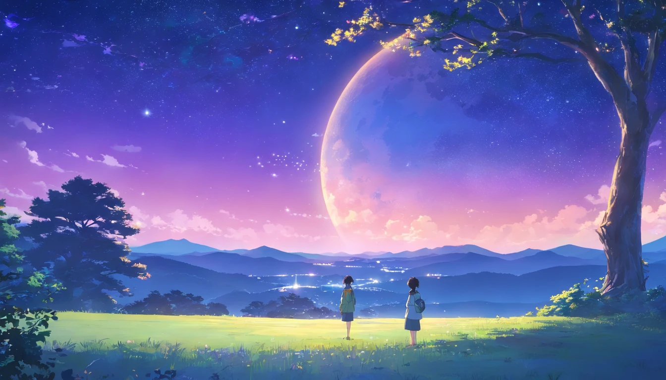 New Haicheng anime style, with a purple background of the moon and starry sky, and a bright and dreamy foreground of a large tree