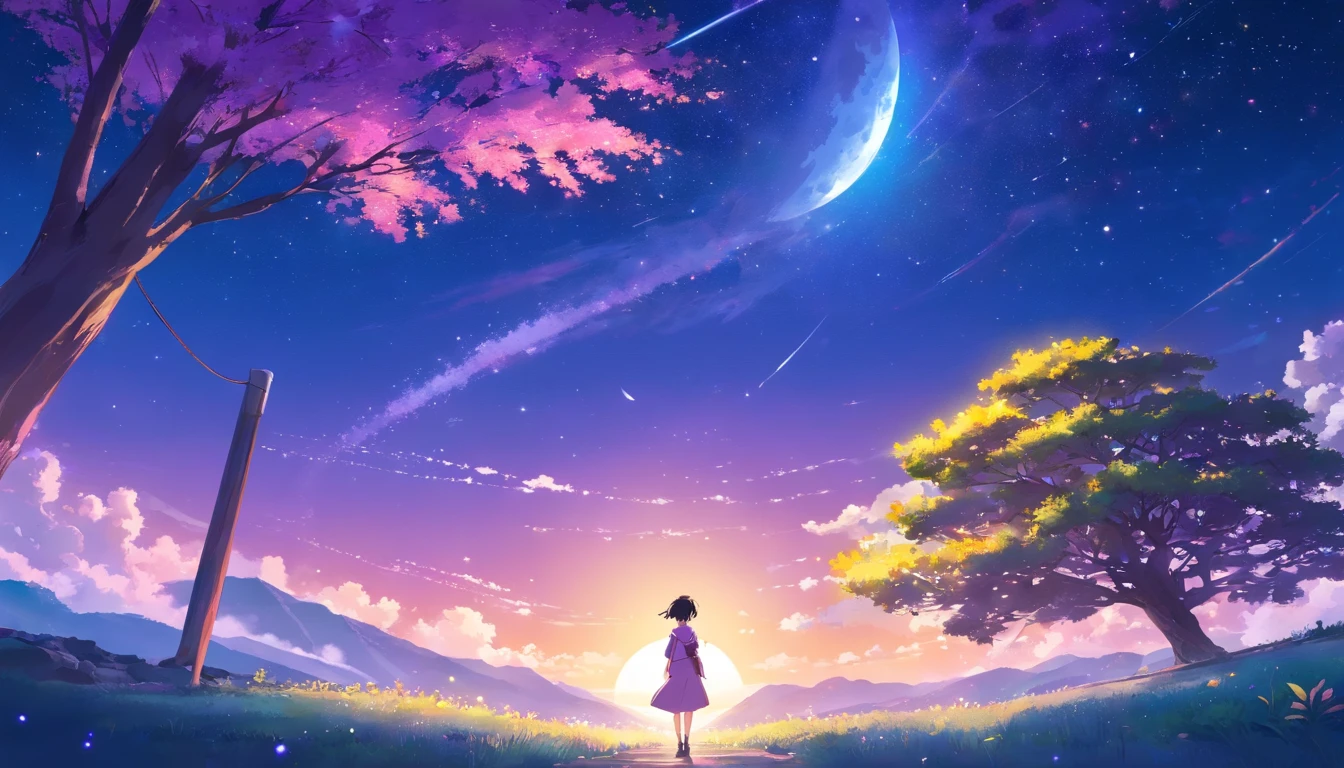 New Haicheng anime style, with a purple background of the moon and starry sky, and a bright and dreamy foreground of a large tree