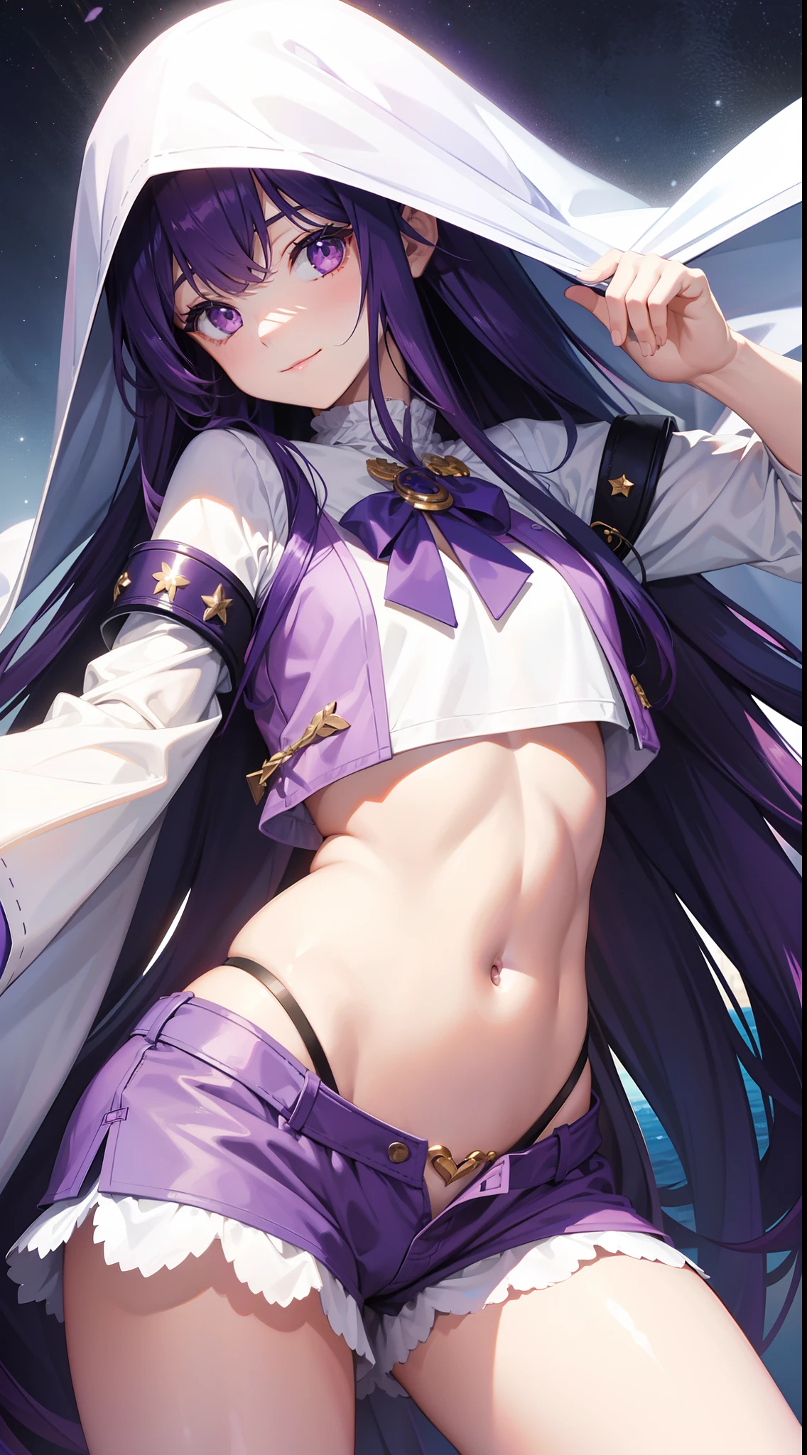 young girl, long purple hair, white tight top, cape, Shorts, open belly, ssmile, Masterpiece, hiquality, 4k, HD, Good detail